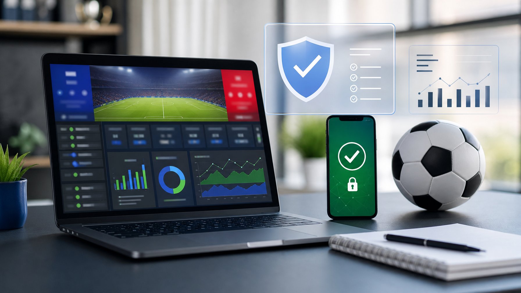 Laptop menampilkan dasbor analisis pertandingan sepak bola di samping ponsel, bola, dan perlengkapan kerja.