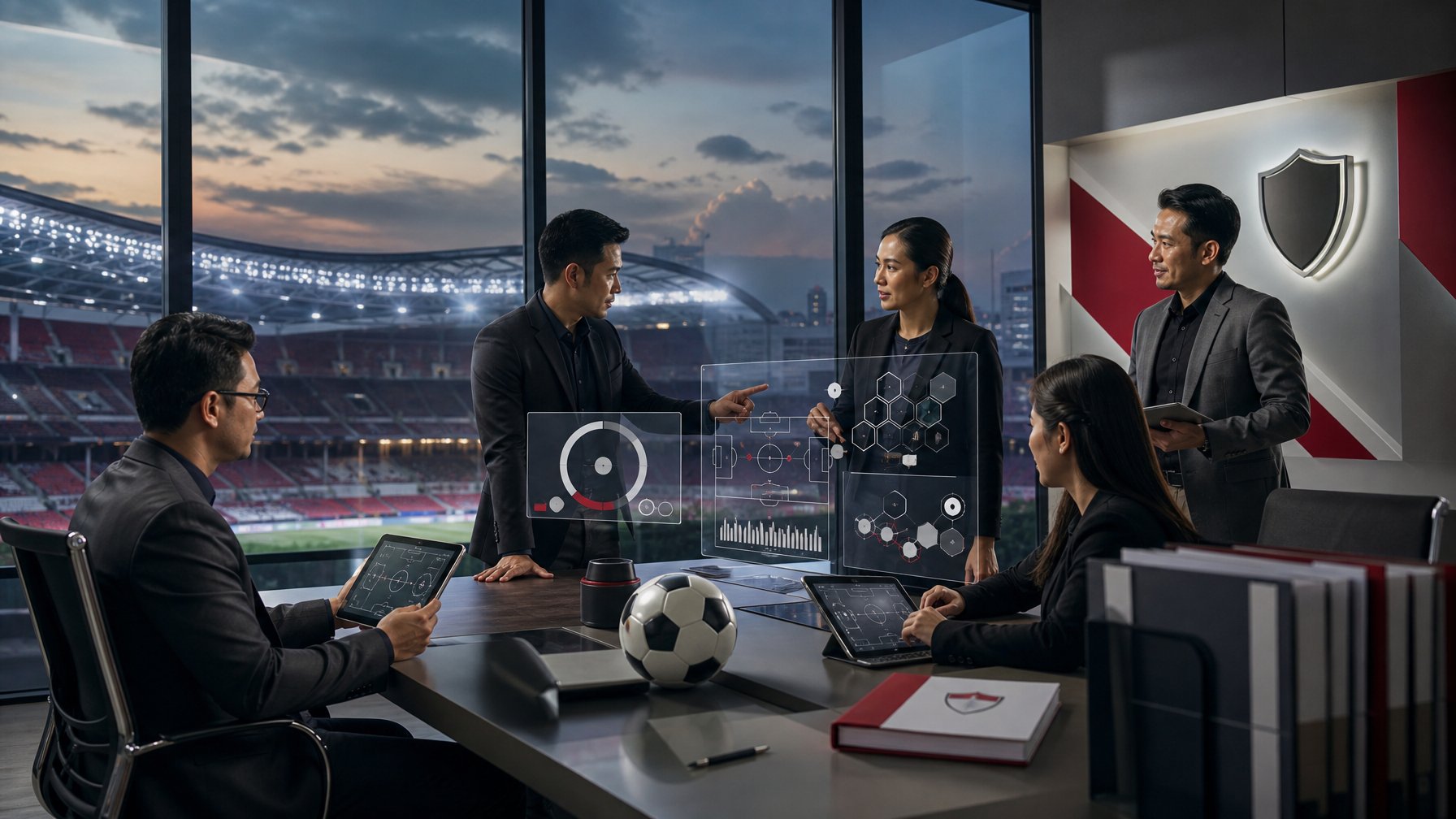 Profesional dewasa meninjau data pertandingan sepak bola di ruang kerja modern dengan stadion terlihat di latar belakang.