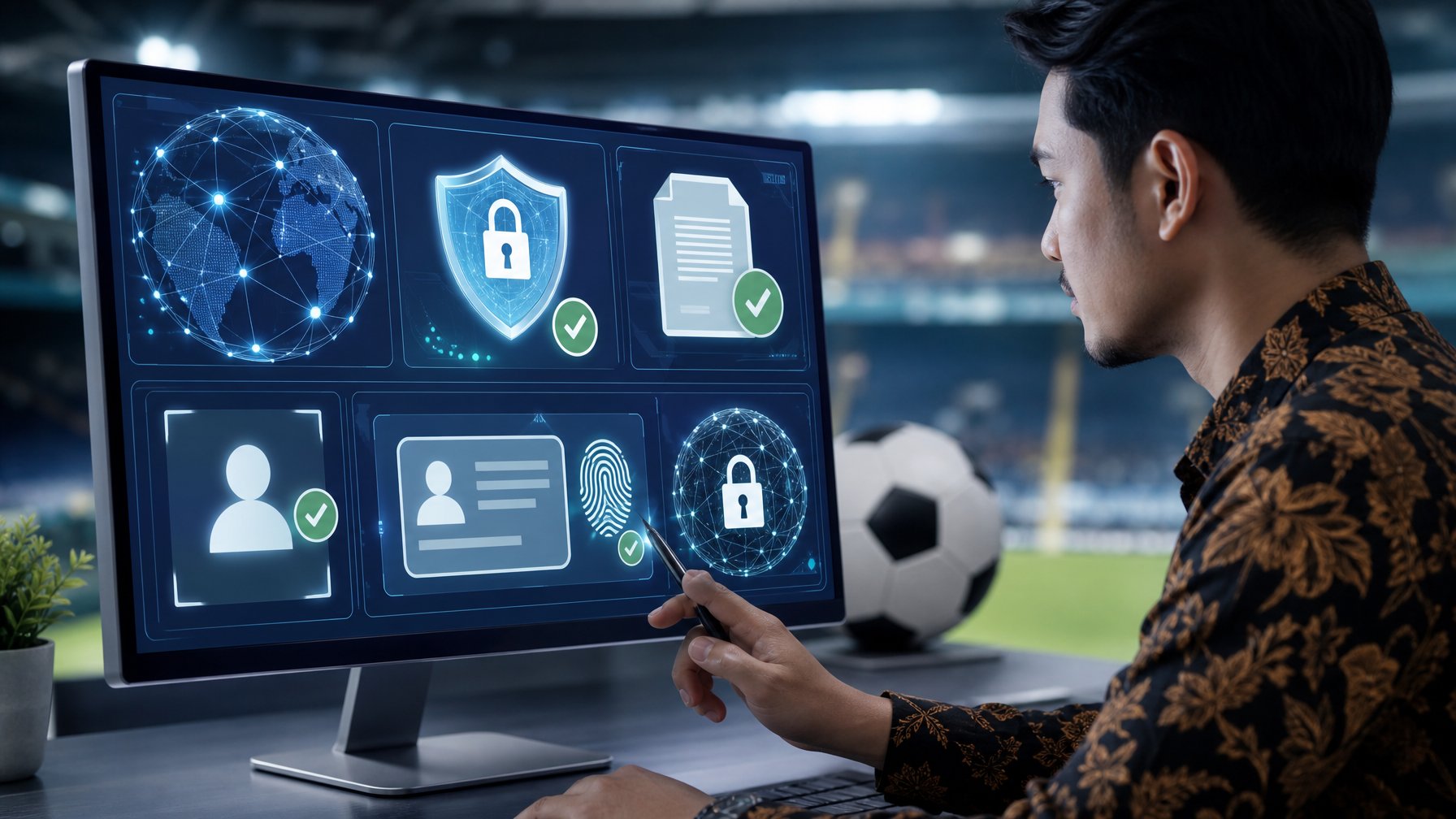 Analis keamanan memeriksa simbol verifikasi dan perlindungan data di layar dengan latar suasana stadion sepak bola.