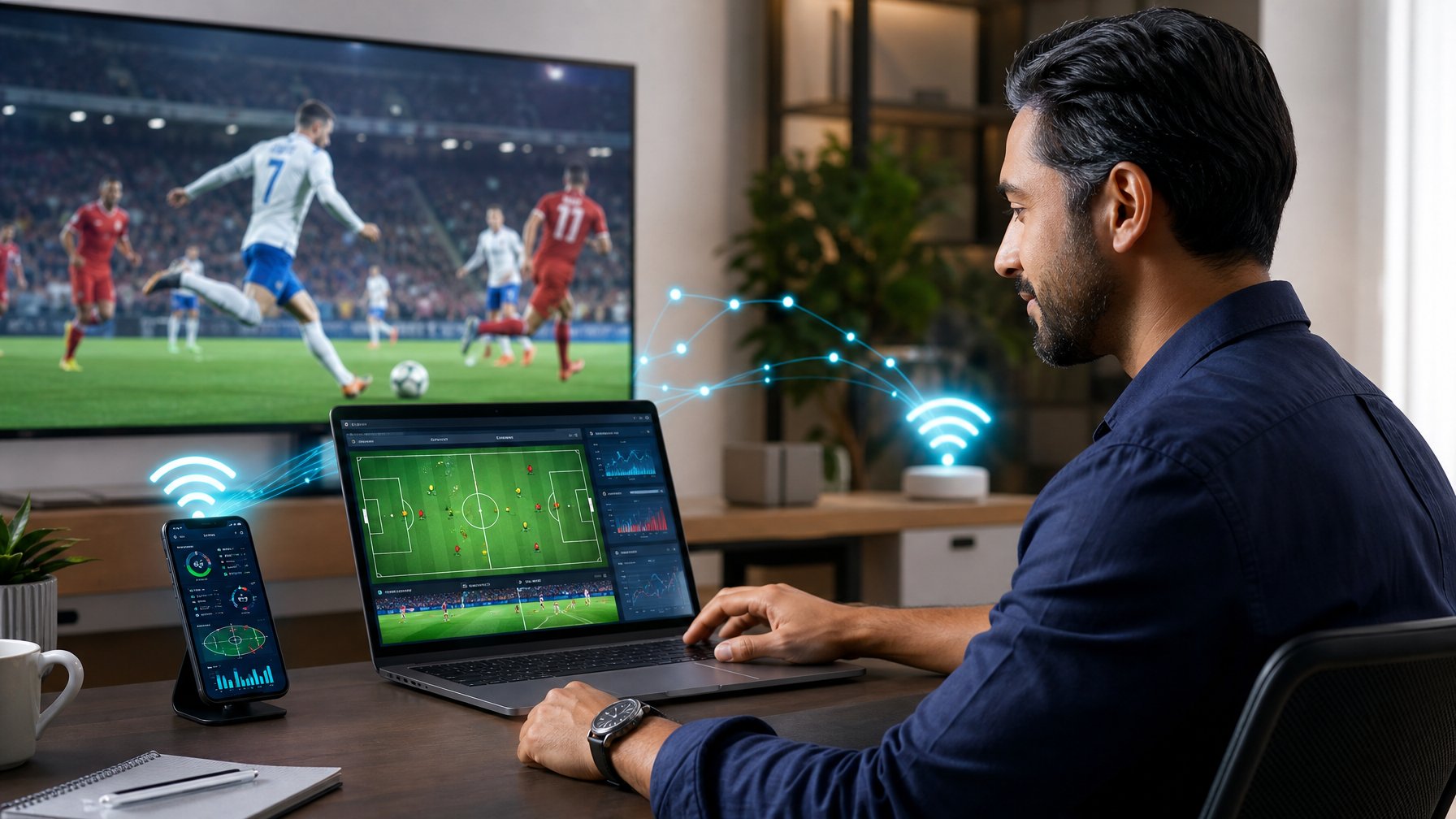 Orang dewasa melihat pertandingan sepak bola dan analisis olahraga pada laptop di ruang kerja modern.