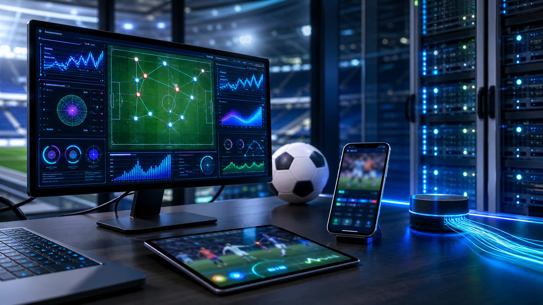 Perangkat digital dan server modern menampilkan analitik sepak bola abstrak di ruang teknologi.
