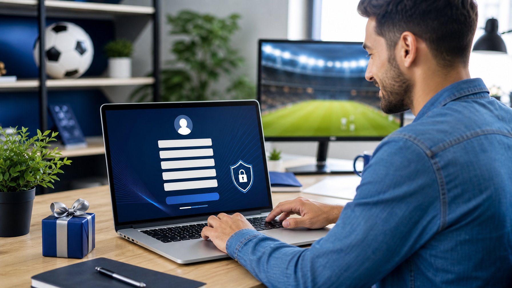 Orang dewasa menggunakan laptop untuk mendaftarkan akun platform olahraga dengan simbol keamanan dan hadiah selamat datang.
