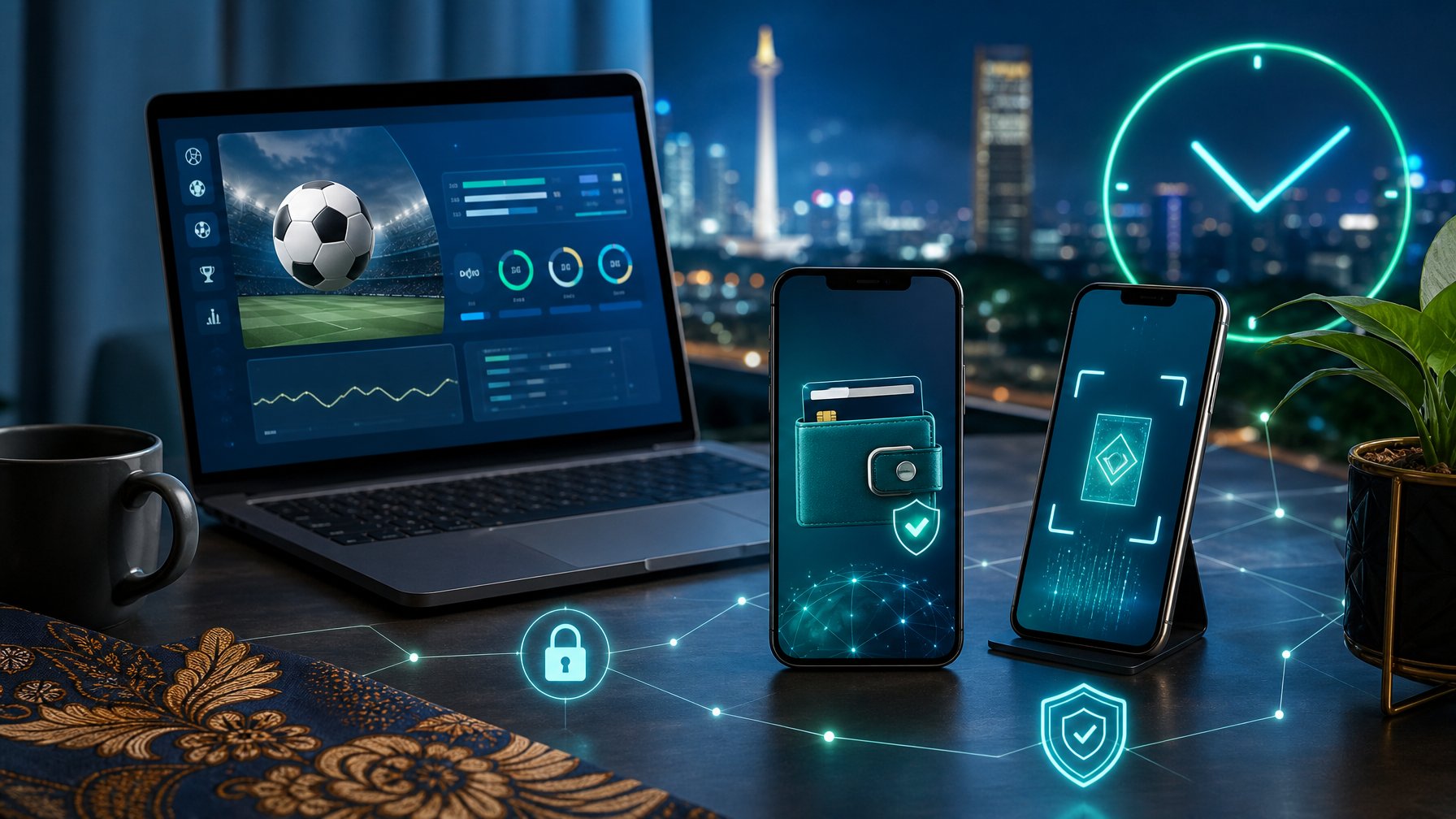 Perangkat digital menampilkan antarmuka olahraga dan pembayaran QR secara abstrak di meja kerja modern.