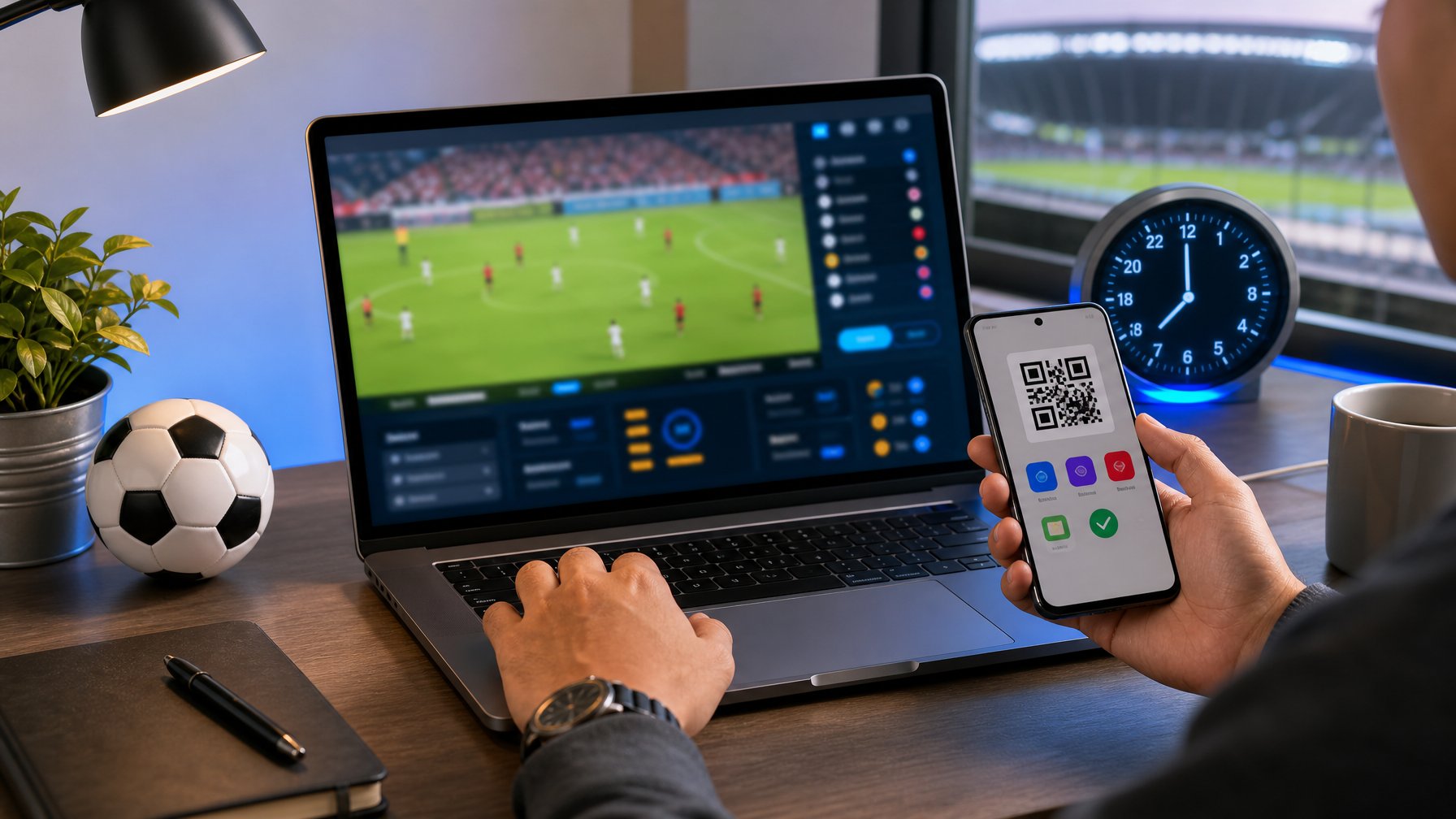 Laptop dan ponsel menampilkan layanan olahraga serta pembayaran digital di meja kerja modern, dengan bola sepak di sampingnya.