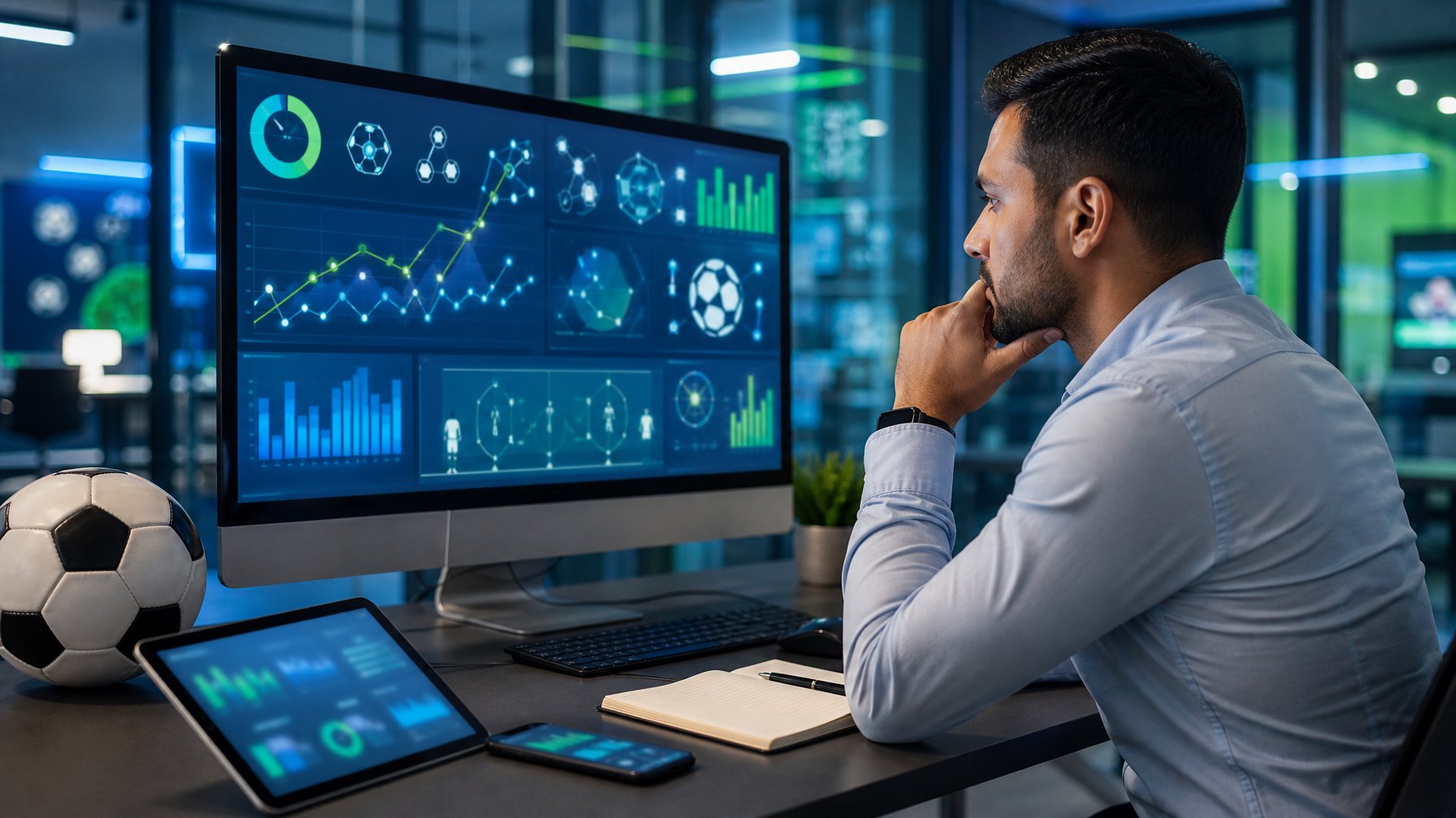 Seorang analis mempelajari grafik data abstrak di ruang kerja modern dengan bola sepak di atas meja.