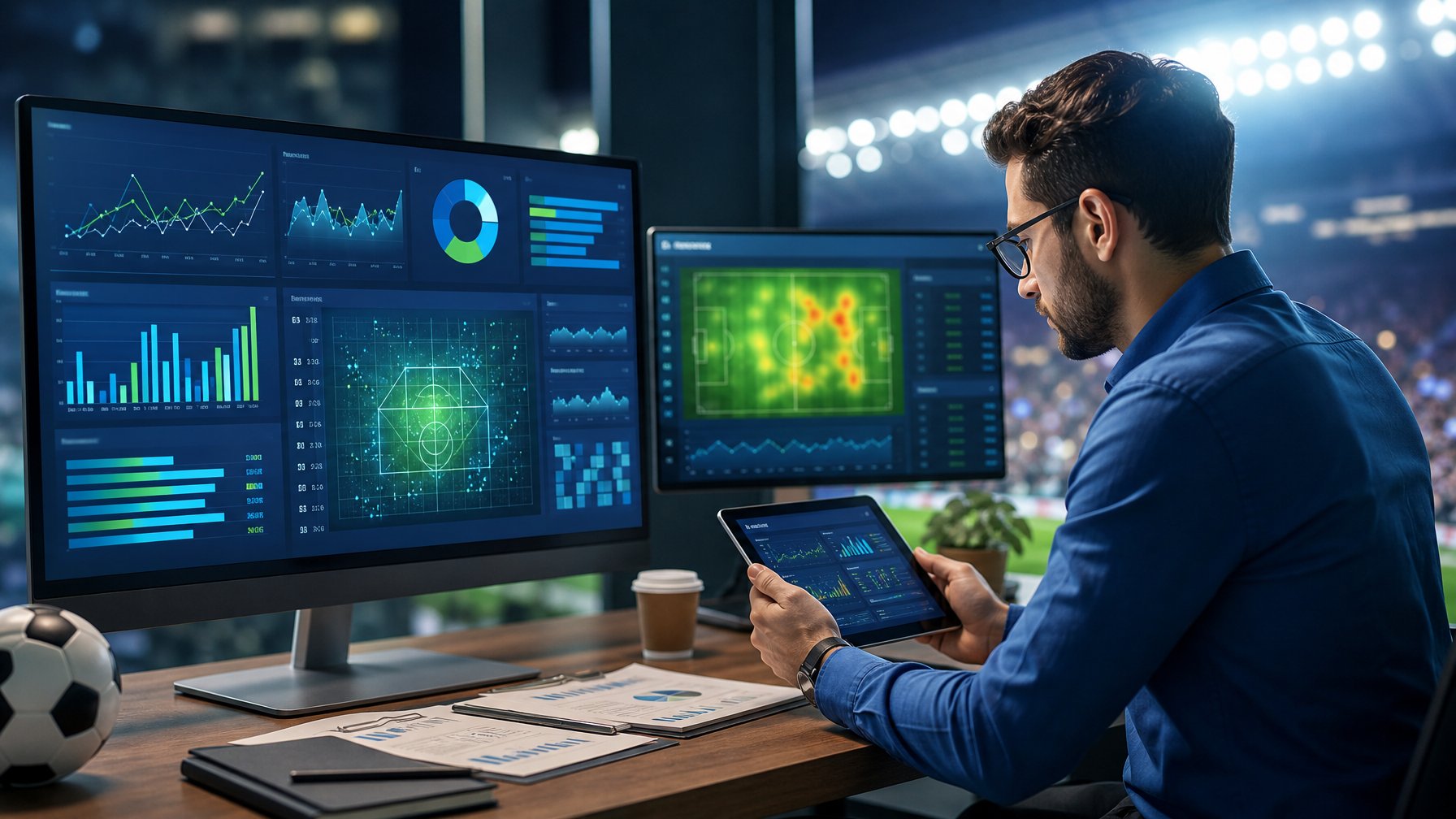 Analis memeriksa data tren pertandingan sepak bola pada layar komputer di ruang kerja modern.