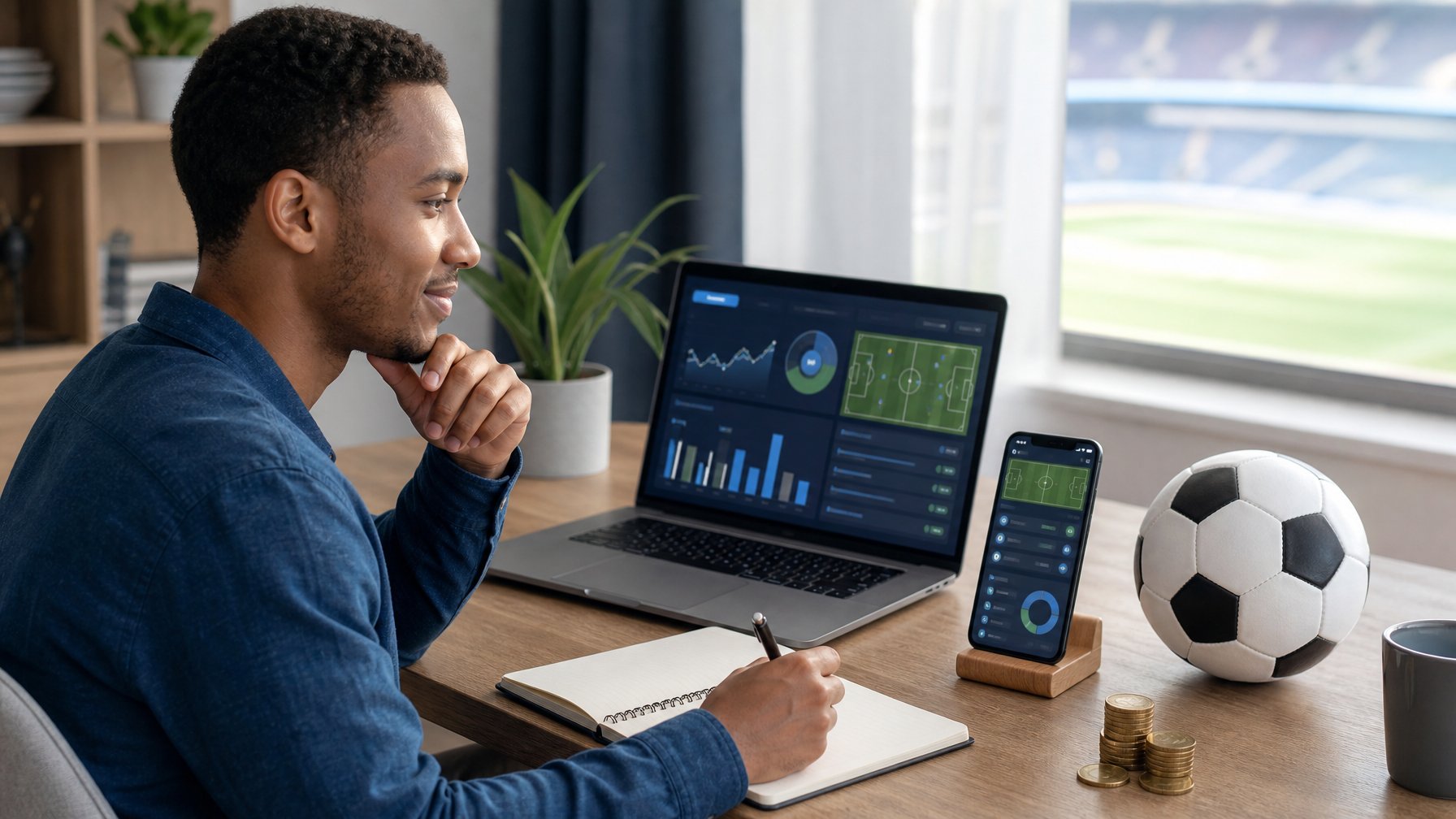 Pemula melihat informasi pertandingan sepak bola di laptop dengan ponsel, bola, dan koin di meja.