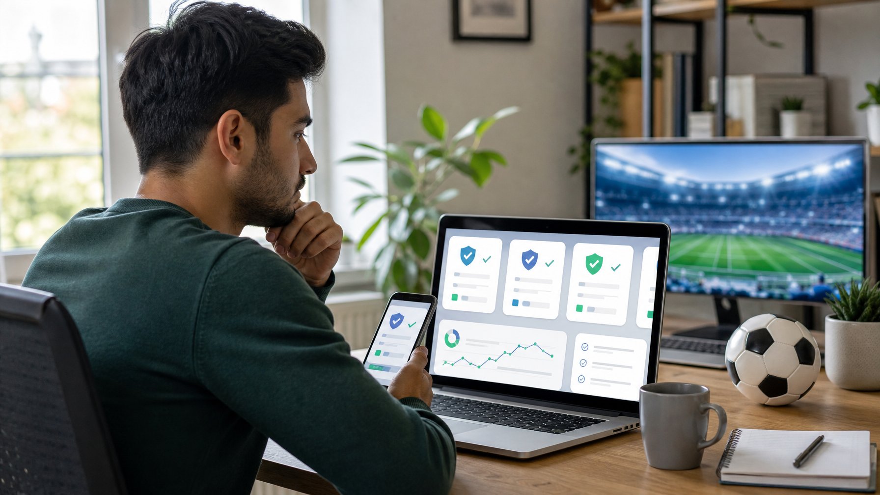 Pemula membandingkan platform digital olahraga yang aman di meja kerja dengan simbol keamanan dan tema sepak bola.