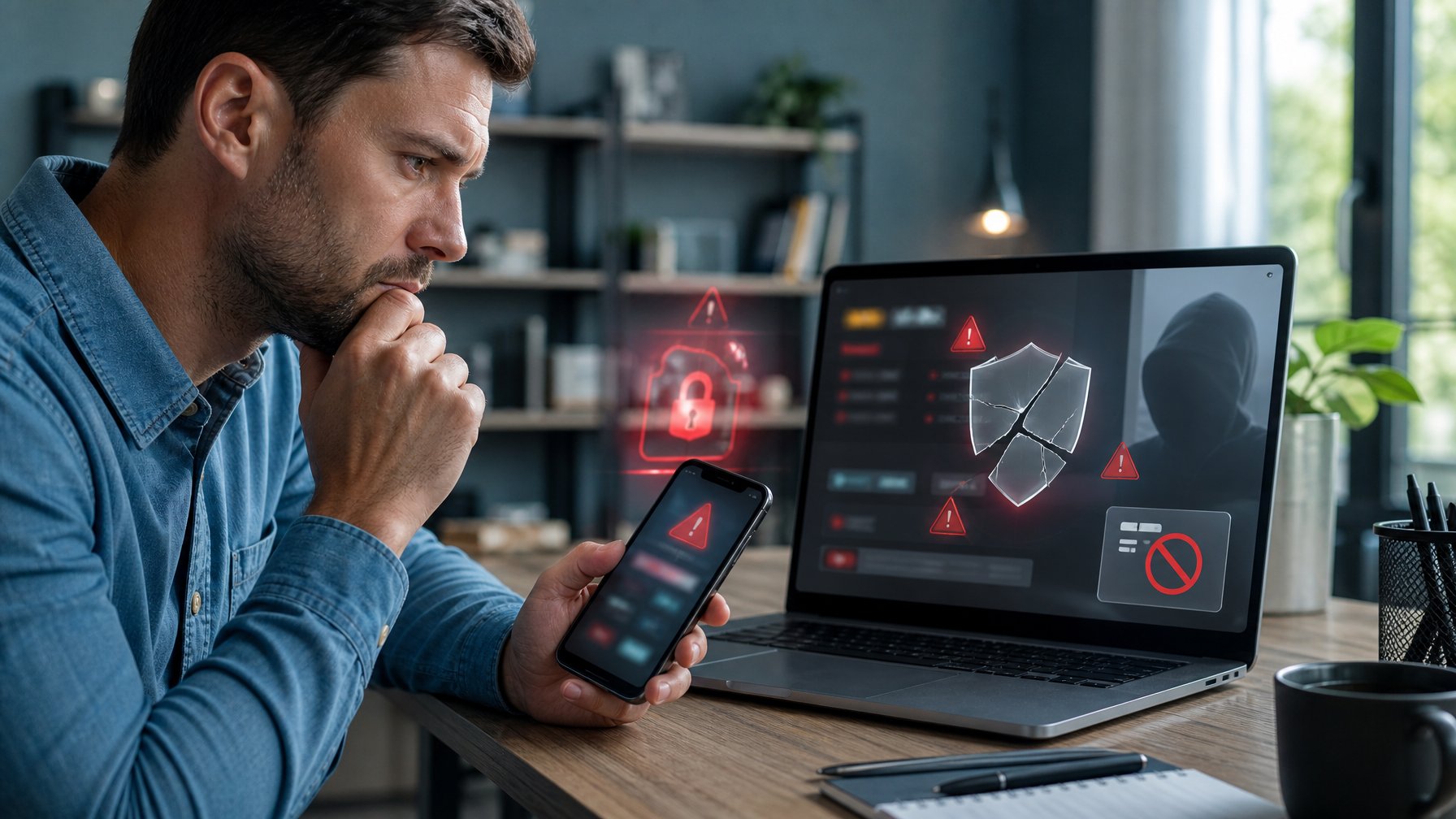 Seorang pengguna tampak waspada saat memeriksa laptop dan ponsel dengan simbol peringatan keamanan digital.