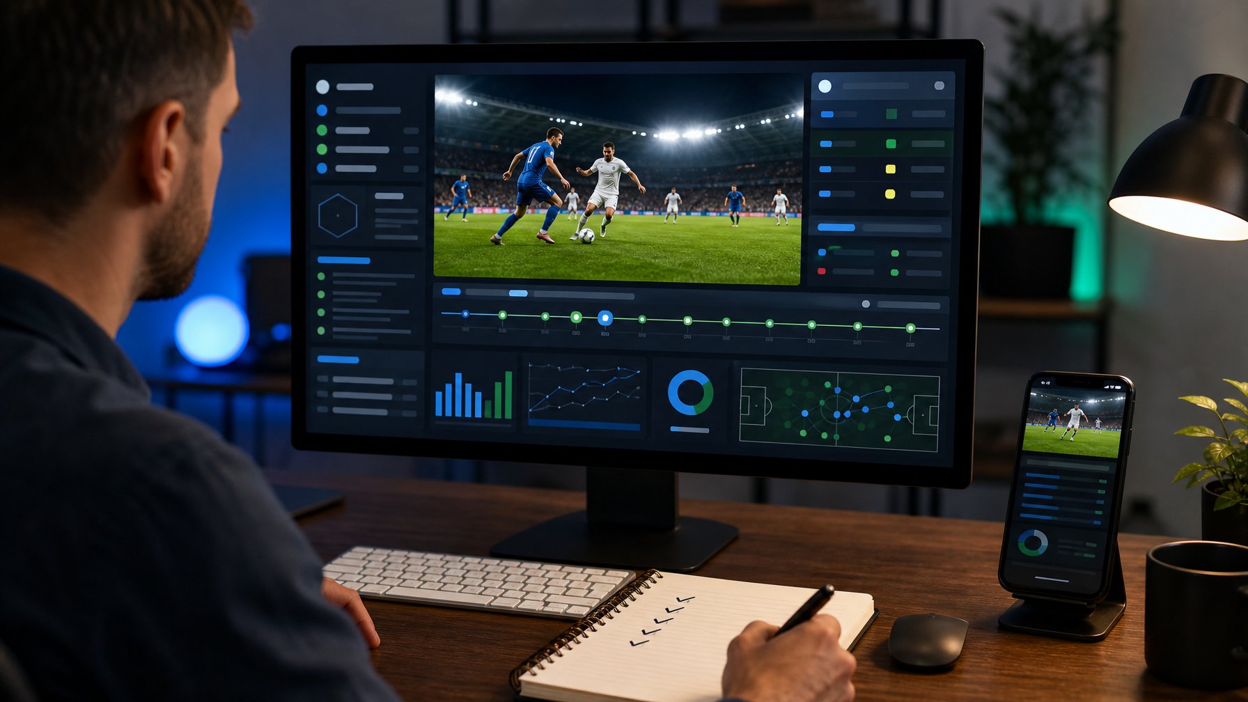Meja kerja modern dengan monitor dan ponsel yang menampilkan siaran langsung pertandingan sepak bola.