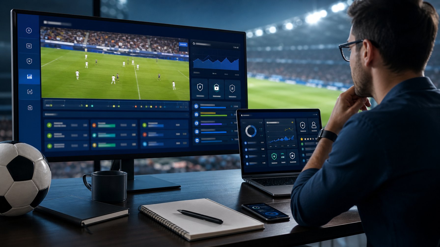 Seorang analis meninjau platform pertandingan sepak bola langsung melalui monitor dan laptop di ruang kerja modern.