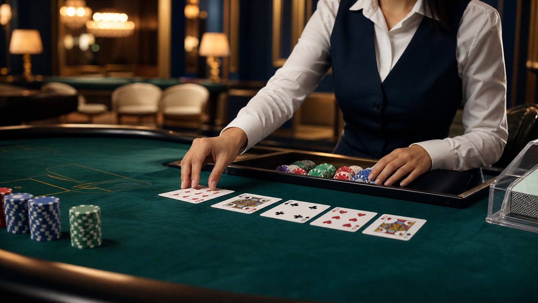 Meja baccarat elegan dengan kartu, keping kasino, dan tangan dealer di lingkungan kasino mewah.