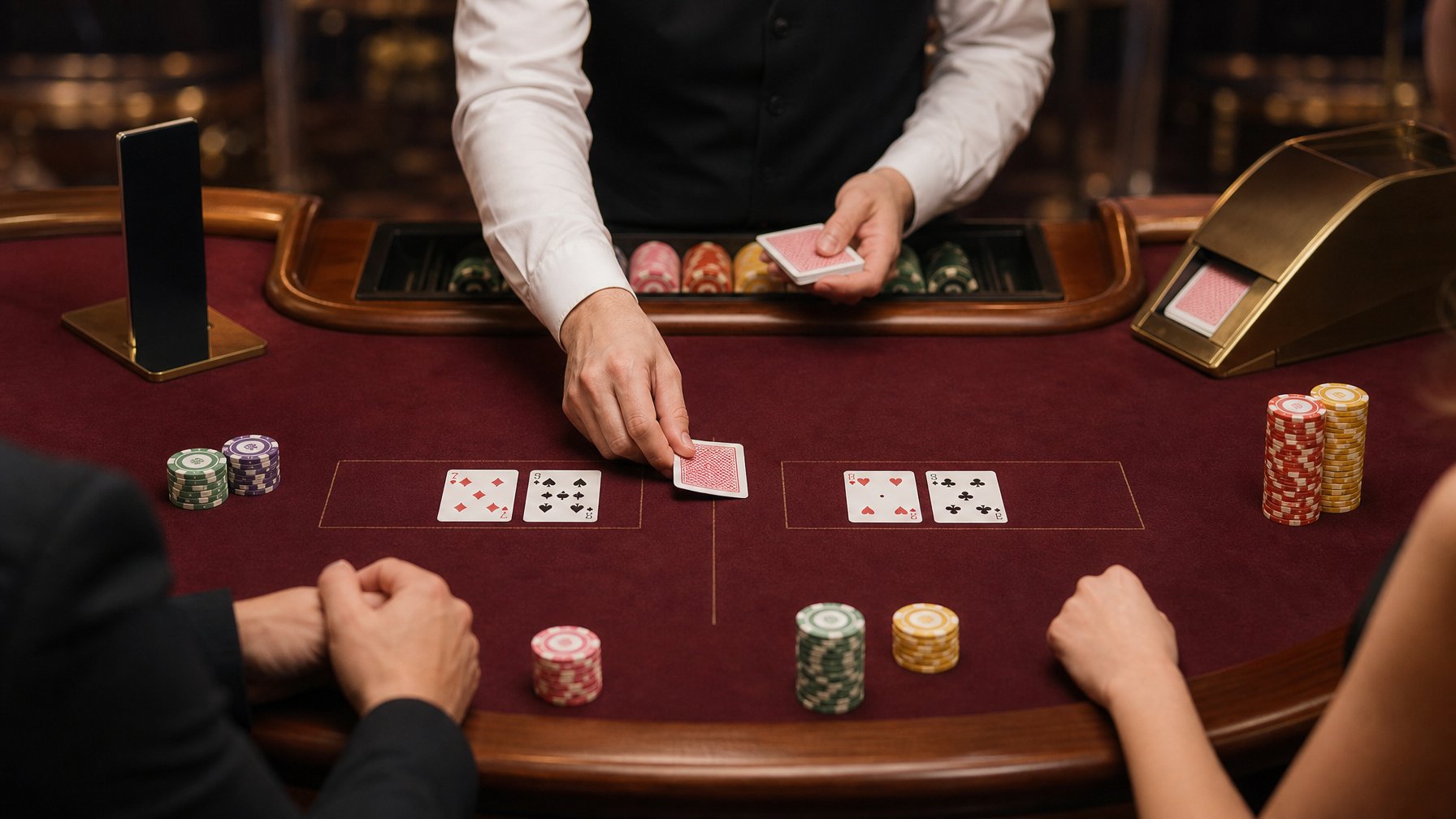 Meja baccarat dengan kartu, keping kasino, dan tangan dealer yang sedang membagikan kartu.