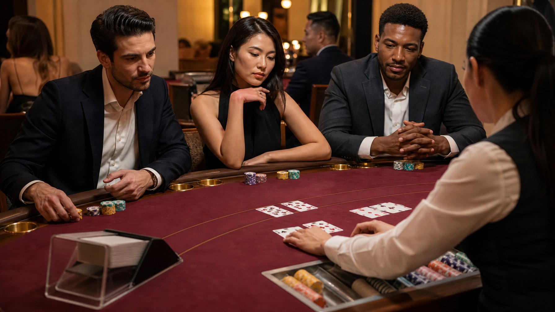 Meja baccarat dengan kartu, keping taruhan, dealer, dan pemain yang mengamati permainan.