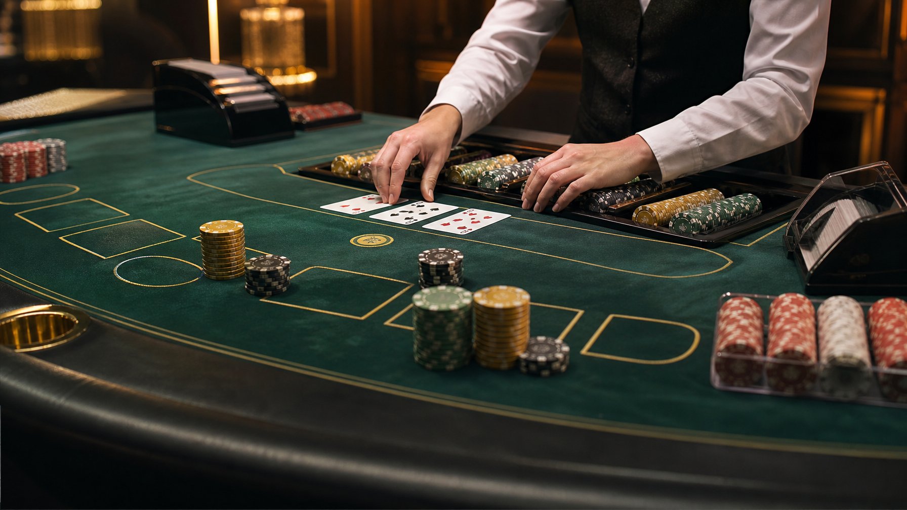 Meja baccarat modern dengan kartu, keping kasino, dan tangan bandar yang menata permainan.