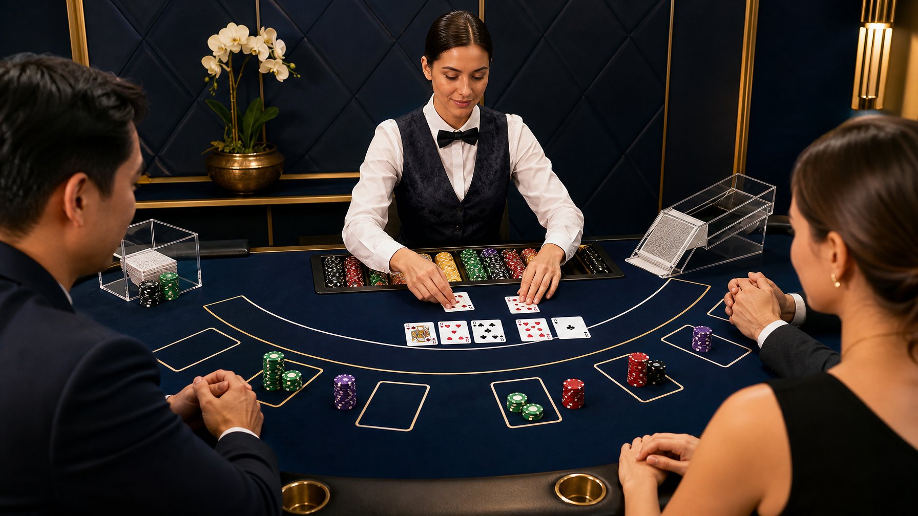 Meja baccarat dengan kartu, keping taruhan, dealer, dan beberapa pemain di kasino modern.