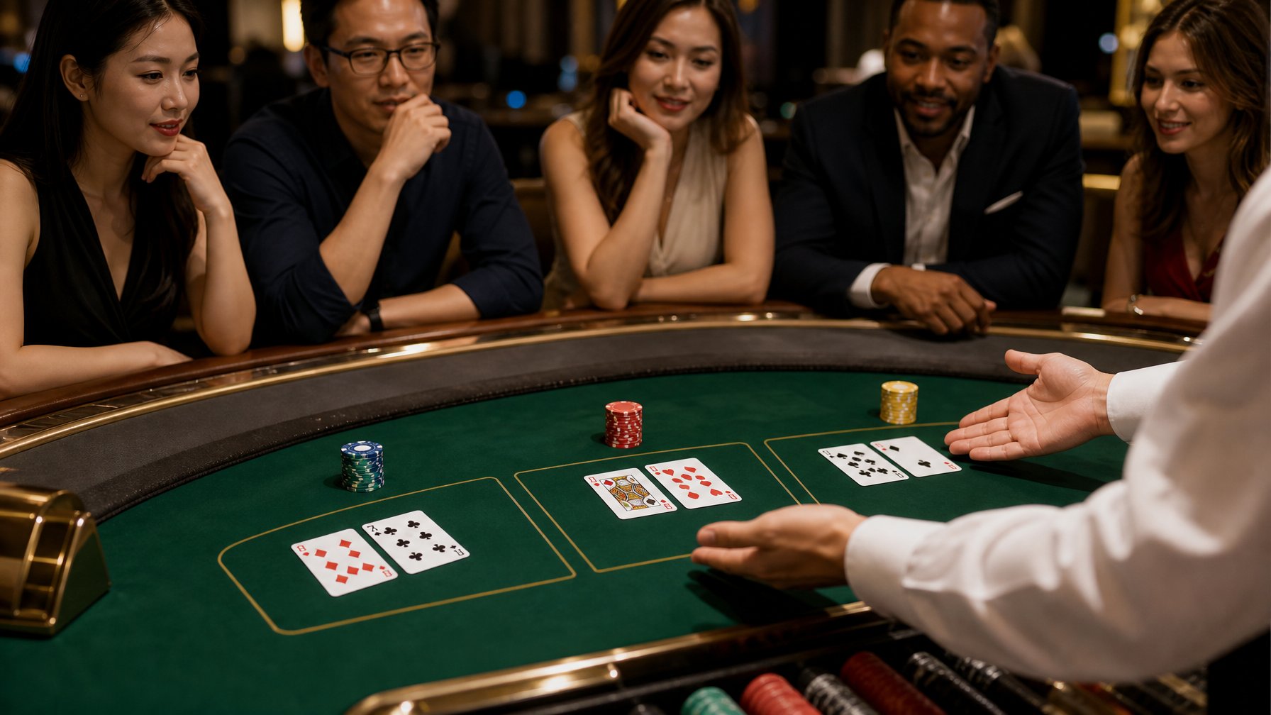 Meja baccarat dengan kartu, keping taruhan, dealer, dan beberapa pemula yang sedang mempelajari permainan.