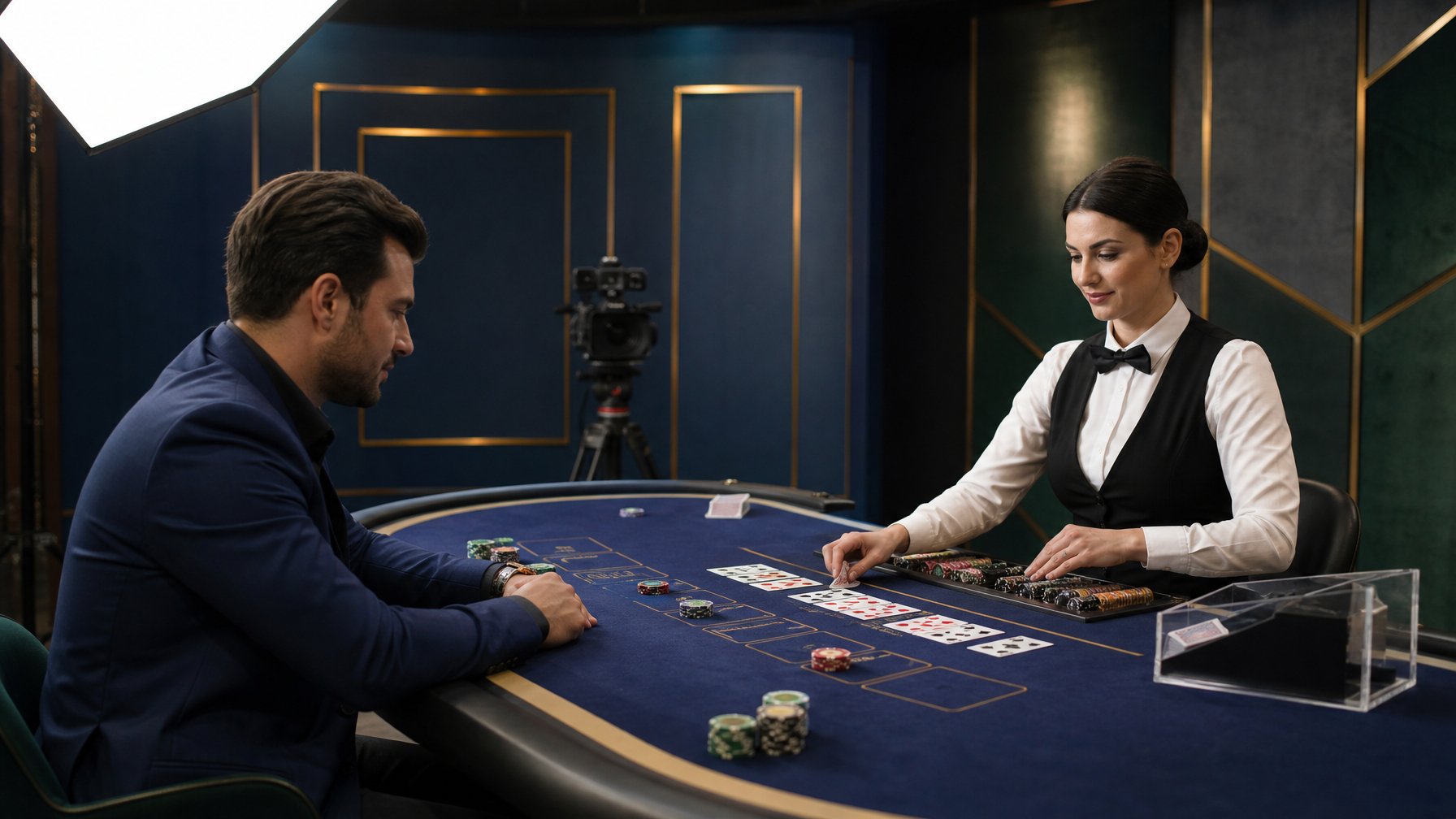 Pemain baccarat berkonsentrasi di meja permainan yang sedang disiarkan langsung oleh dealer profesional.