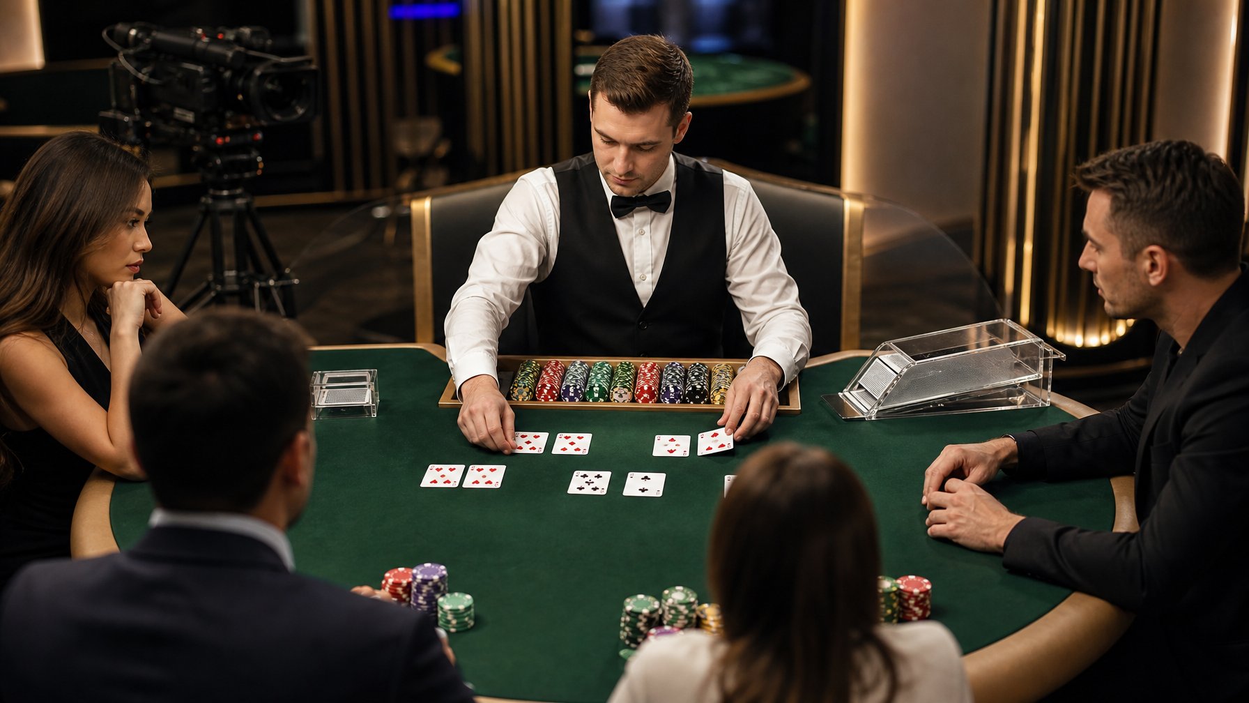 Dealer membagikan kartu baccarat di meja kasino dengan pemain yang mengamati secara serius.