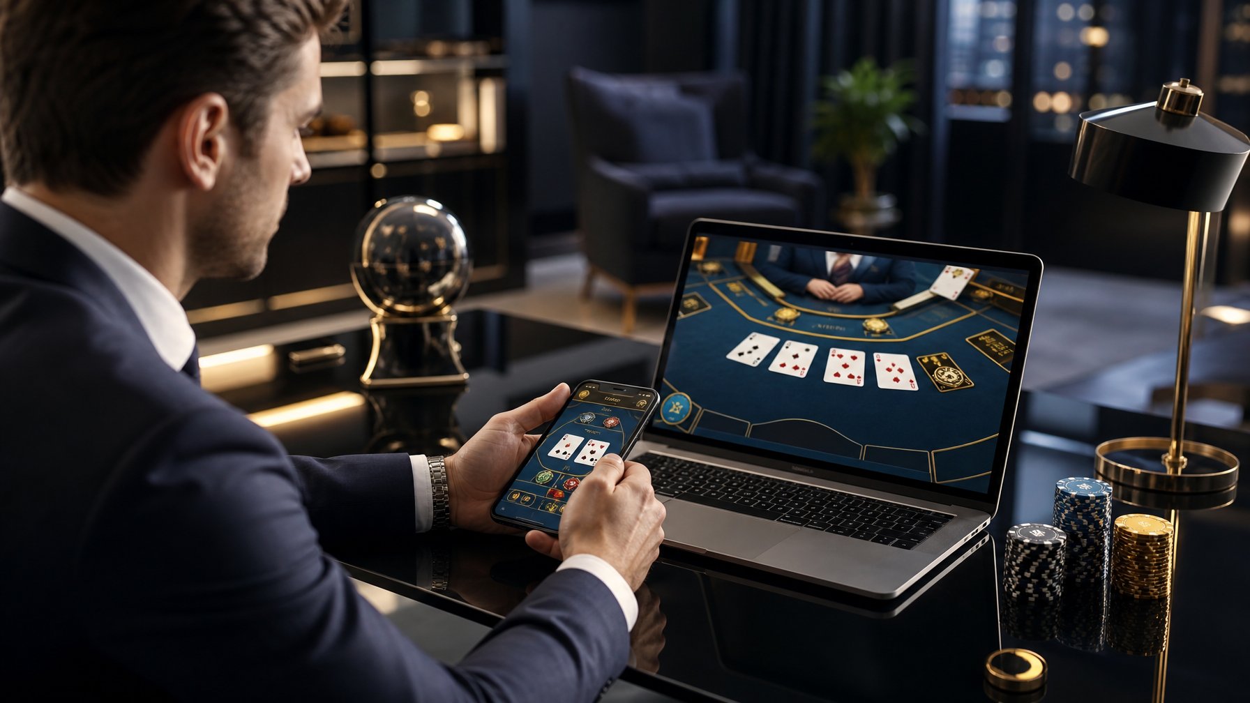 Seseorang menggunakan laptop dan ponsel untuk mengakses permainan baccarat digital di ruang modern.