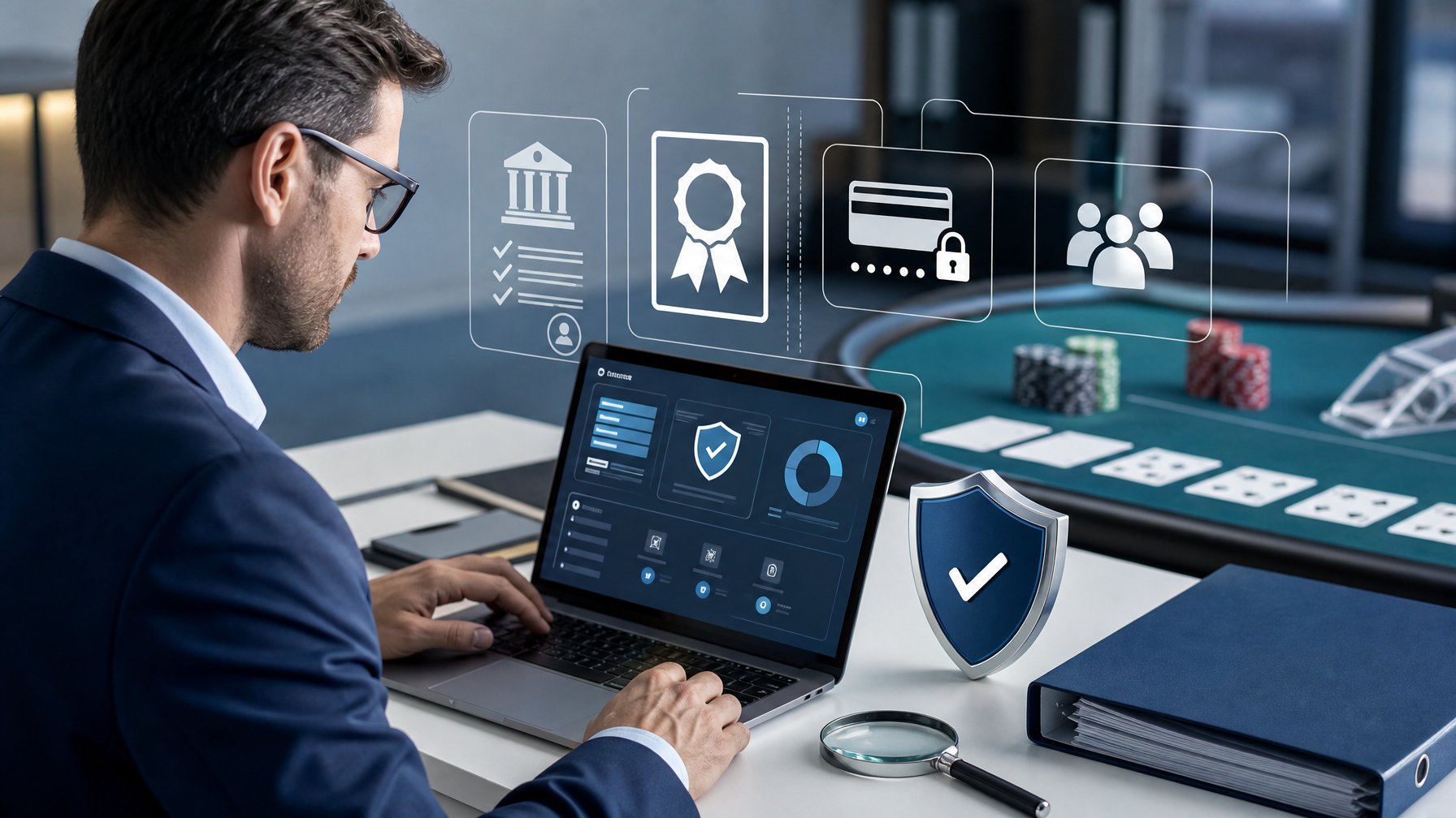 Analis memeriksa legalitas dan transparansi platform baccarat online melalui laptop, dokumen, dan simbol keamanan.