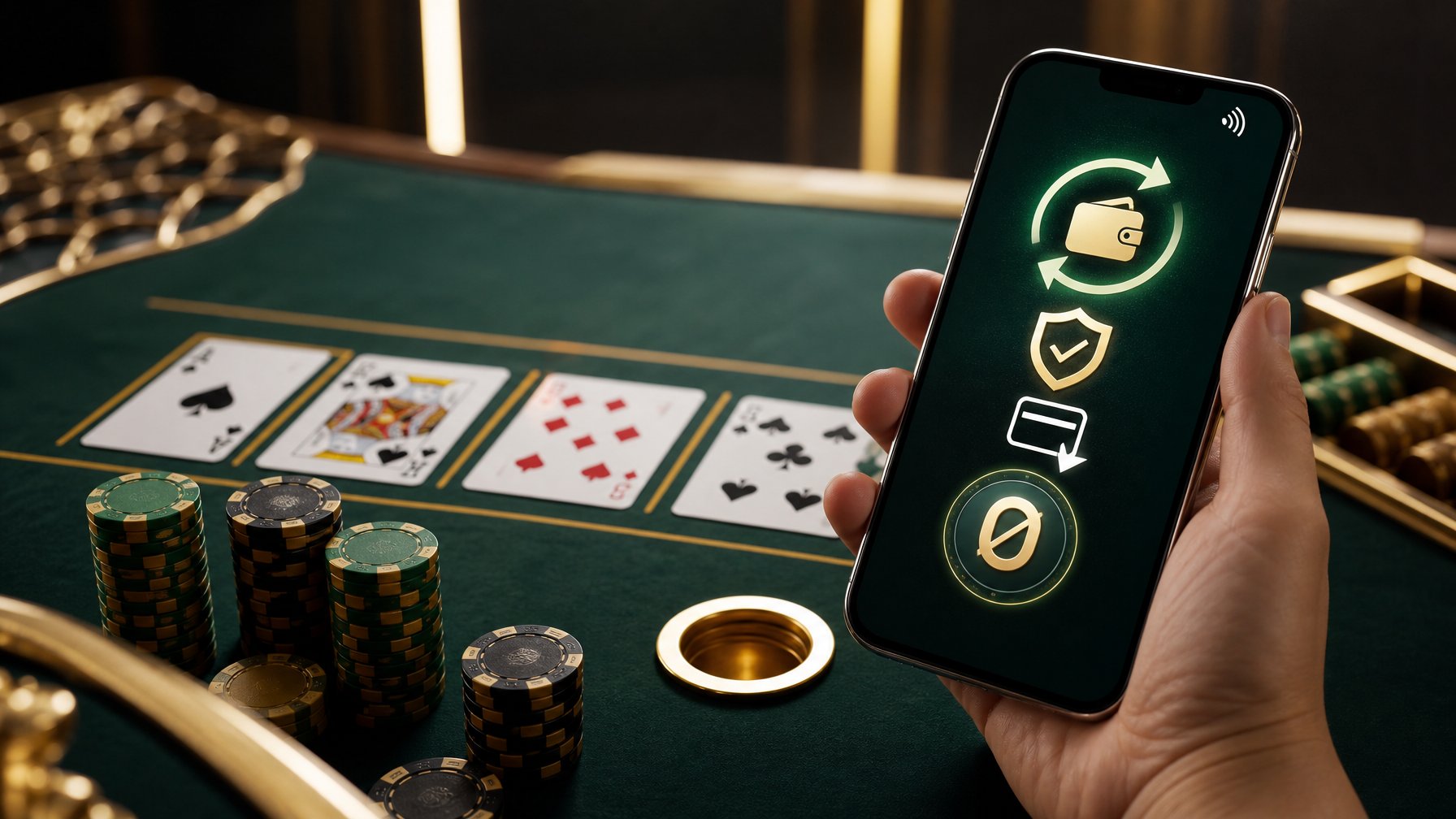 Meja baccarat elegan dengan kartu, keping kasino, dan ponsel yang menampilkan simbol pembayaran digital.