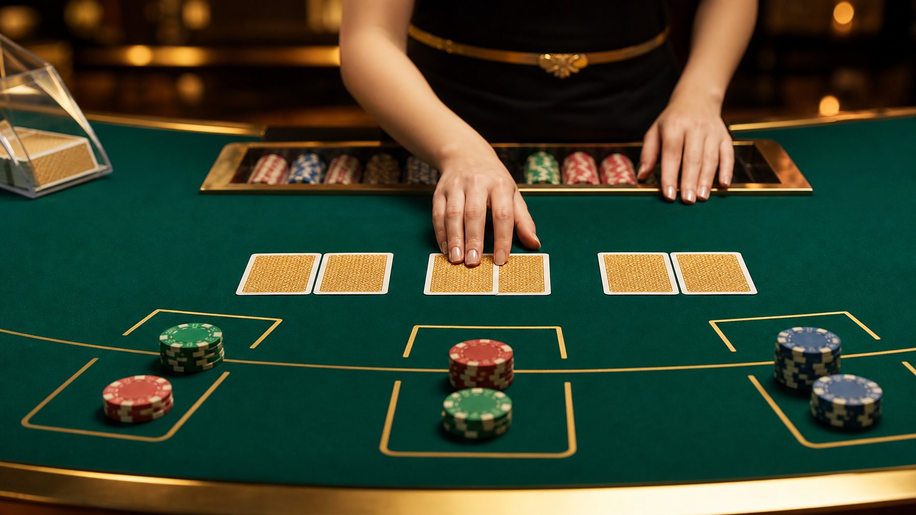 Meja baccarat elegan dengan kartu dan keping taruhan yang tertata rapi.