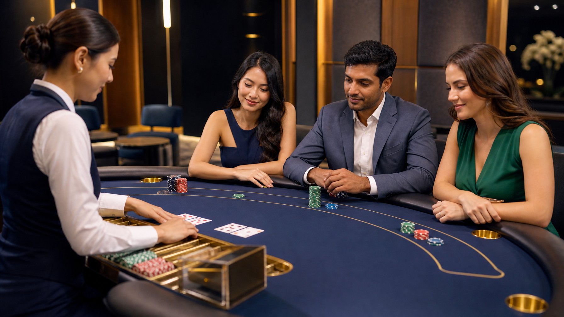 Meja baccarat dengan kartu, keping taruhan bernilai kecil, dealer, dan beberapa pemain dewasa di kasino modern.