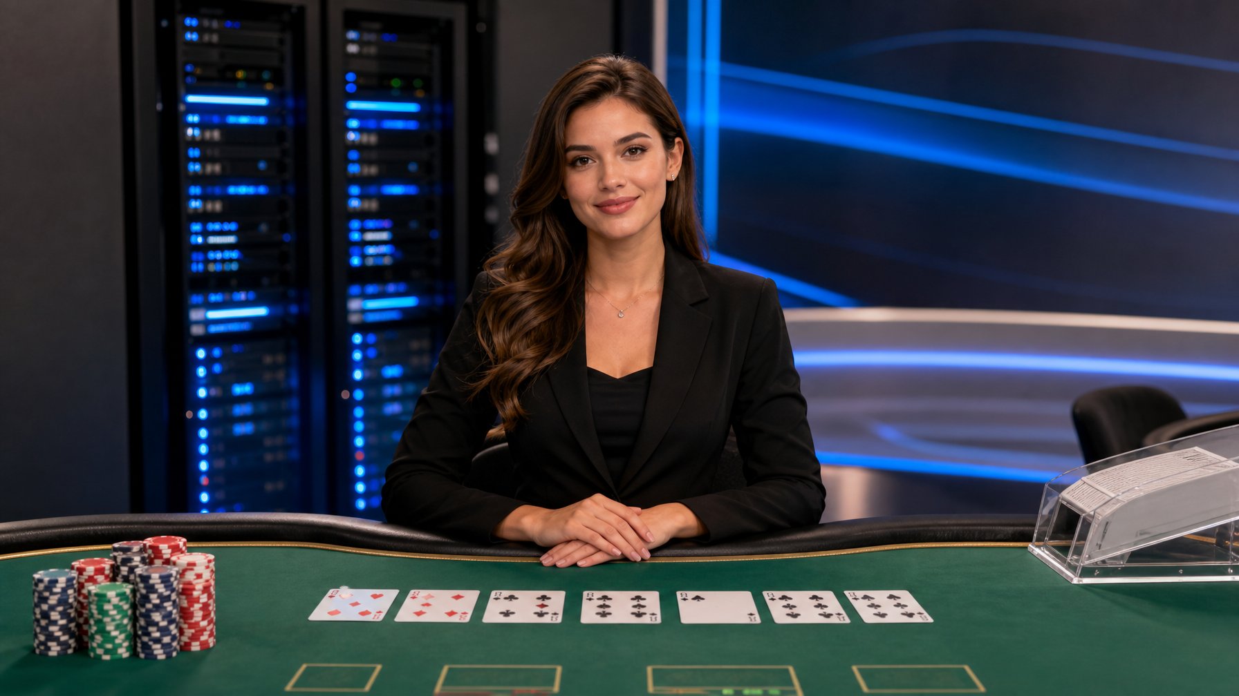Dealer baccarat profesional duduk di meja permainan dengan kartu dan tumpukan chip, berlatar studio kasino modern.