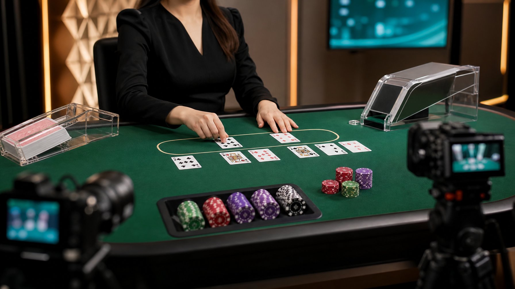 Meja baccarat dengan kartu, keping kasino, dan tangan dealer di studio permainan langsung.