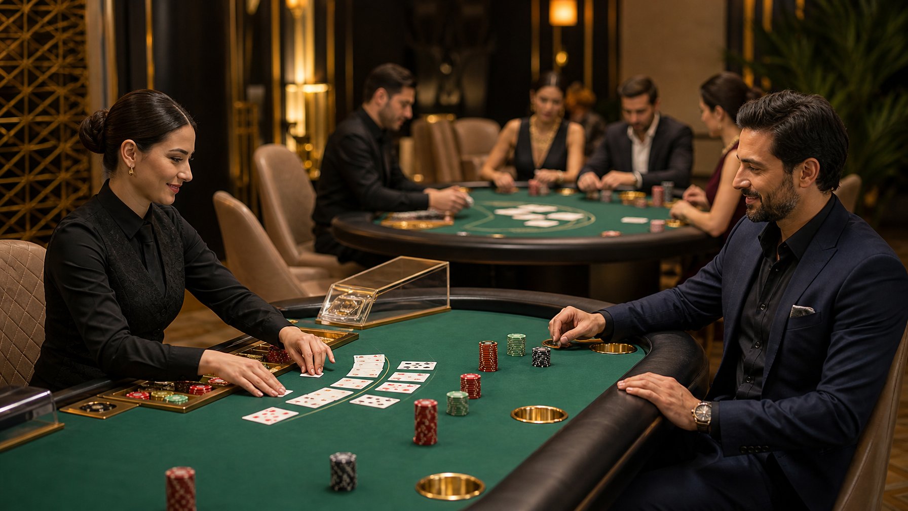Pemain dewasa menikmati permainan baccarat di ruang kasino elegan dengan kartu dan keping tersusun rapi.