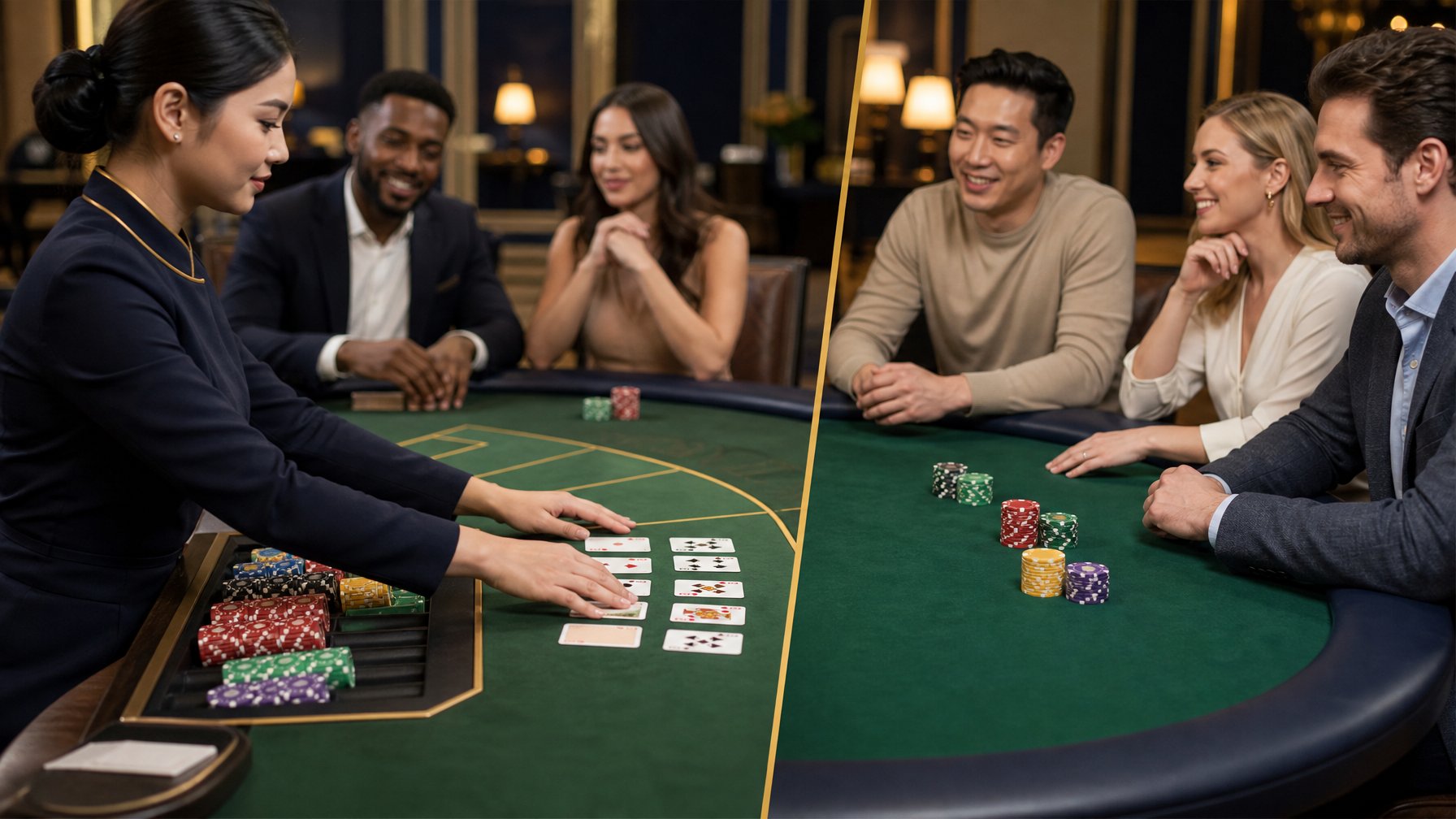 Meja baccarat dengan kartu, chip kasino, dealer, dan pemain dalam suasana kasino yang elegan.