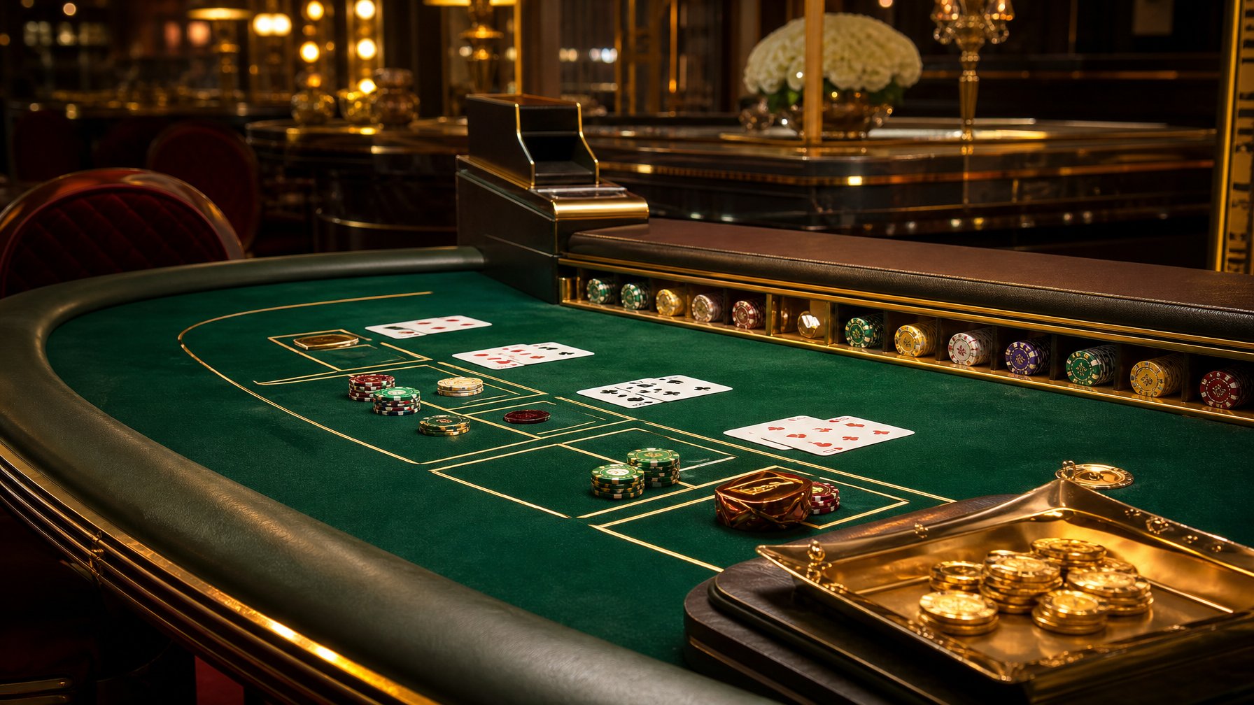 Meja baccarat elegan dengan kartu dan keping kasino di dalam ruangan kasino mewah.