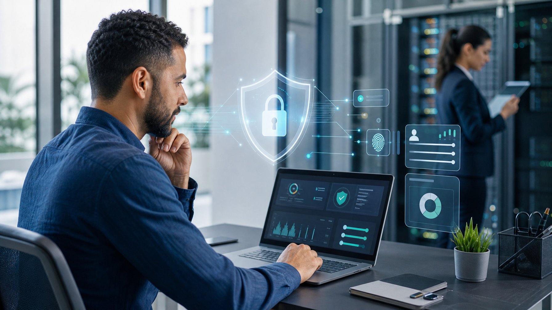 Orang dewasa meninjau platform digital aman dengan simbol perlindungan data dan analis keamanan di latar belakang.