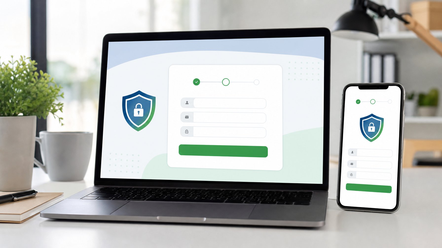 Laptop dan ponsel menampilkan formulir pendaftaran akun dengan simbol keamanan di meja kerja modern.
