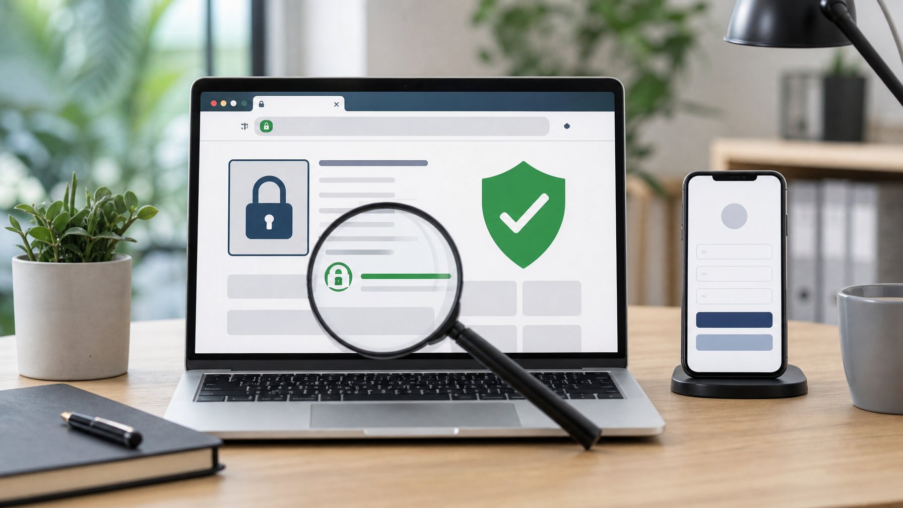 Laptop dan ponsel menampilkan antarmuka pendaftaran akun dengan simbol gembok dan perisai keamanan.
