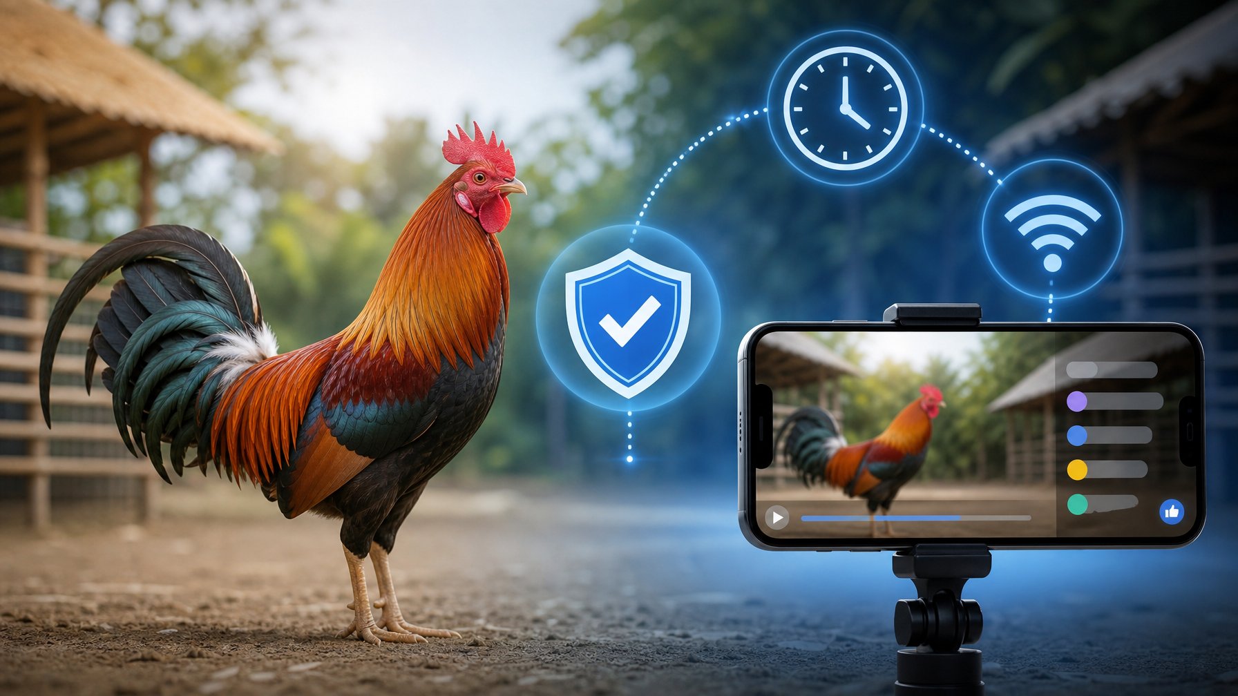 Seekor ayam jantan berdiri di lingkungan pedesaan yang bersih di samping ponsel dengan tampilan siaran langsung abstrak dan simbol keamanan digital.
