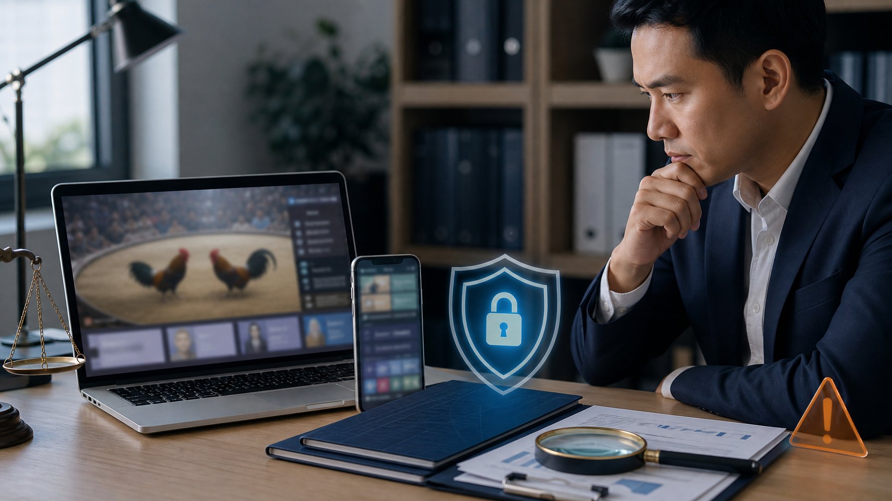 Seorang profesional meninjau laptop dengan tampilan siaran langsung yang disamarkan, dokumen hukum, dan simbol keamanan digital di meja kerja.