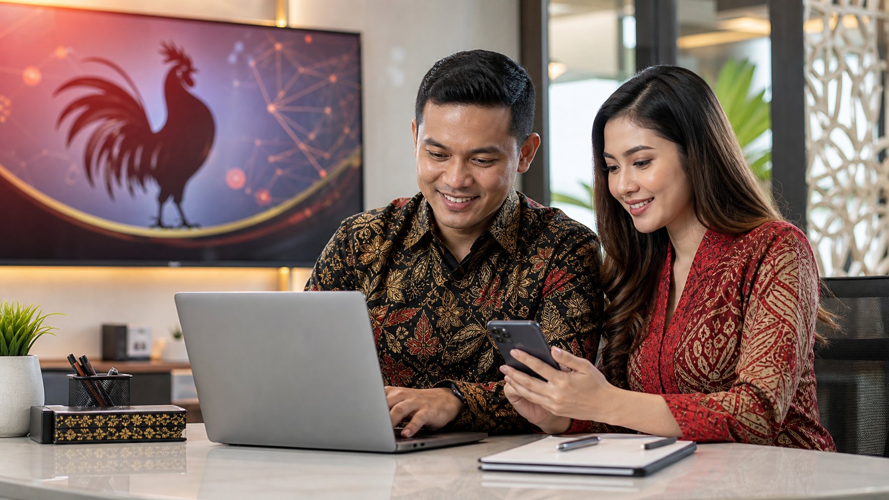 Dua orang dewasa menggunakan laptop dan ponsel untuk membuat akun daring di kantor modern.