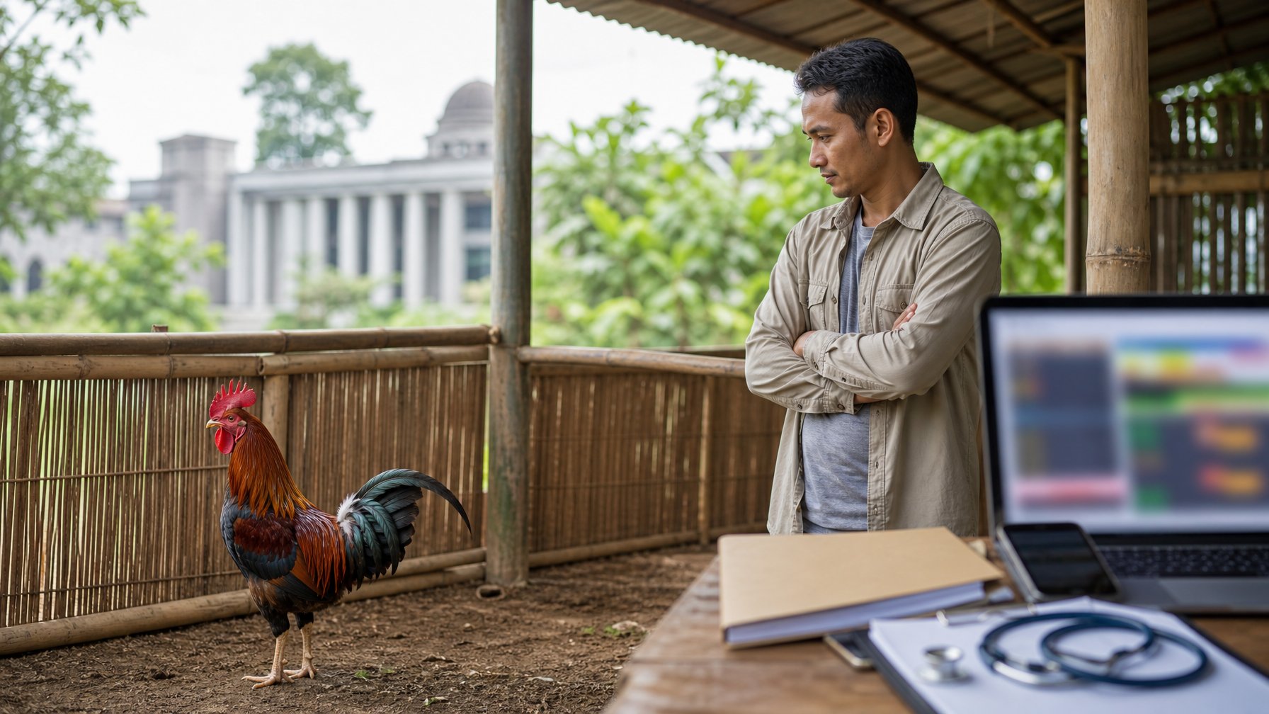 Seekor ayam jantan sehat berada di kandang yang terawat, dengan seorang pengamat dan perangkat digital di latar belakang.