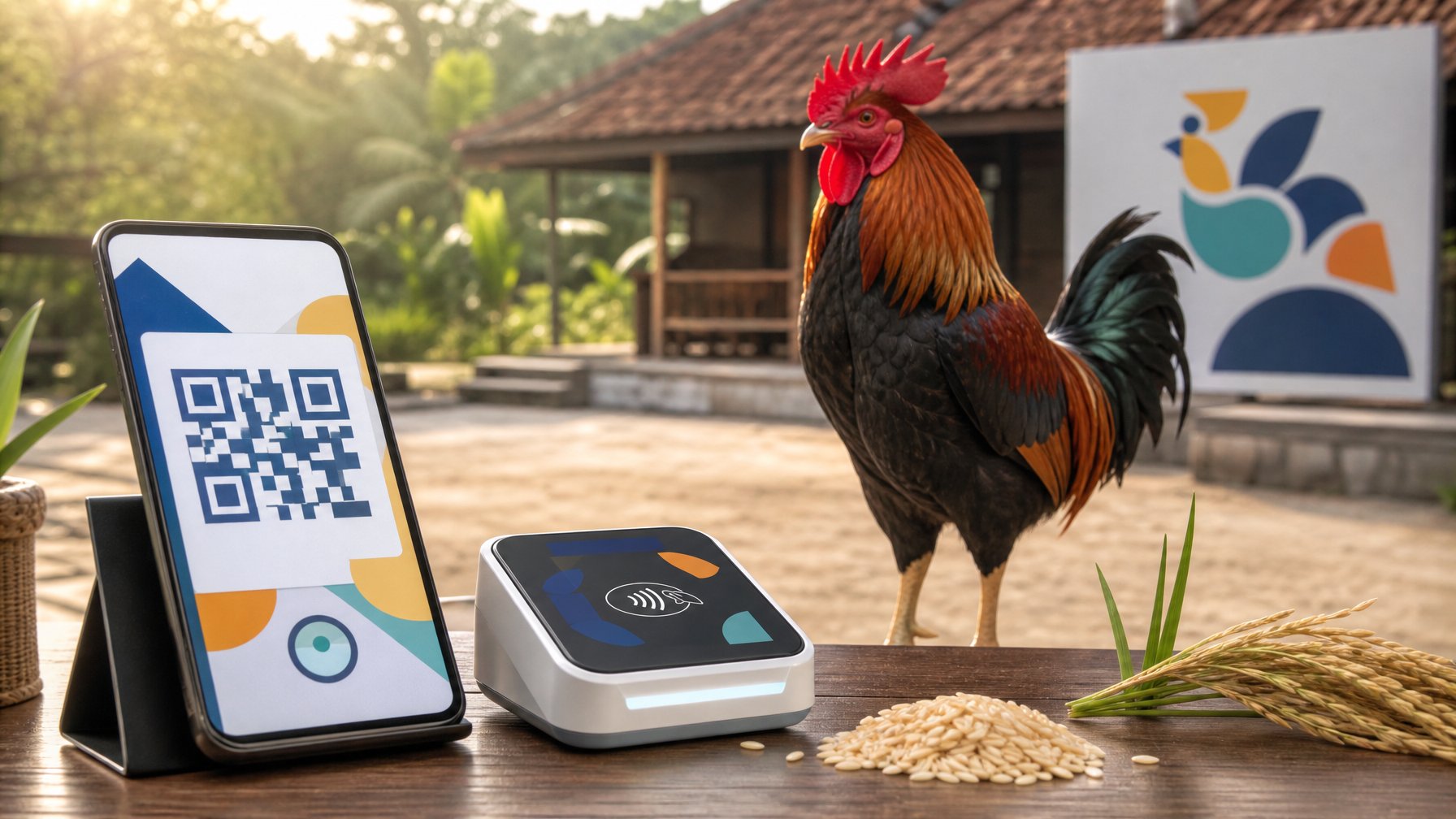 Seekor ayam jago berdiri di halaman tropis di samping ponsel dengan tampilan pembayaran QR abstrak.