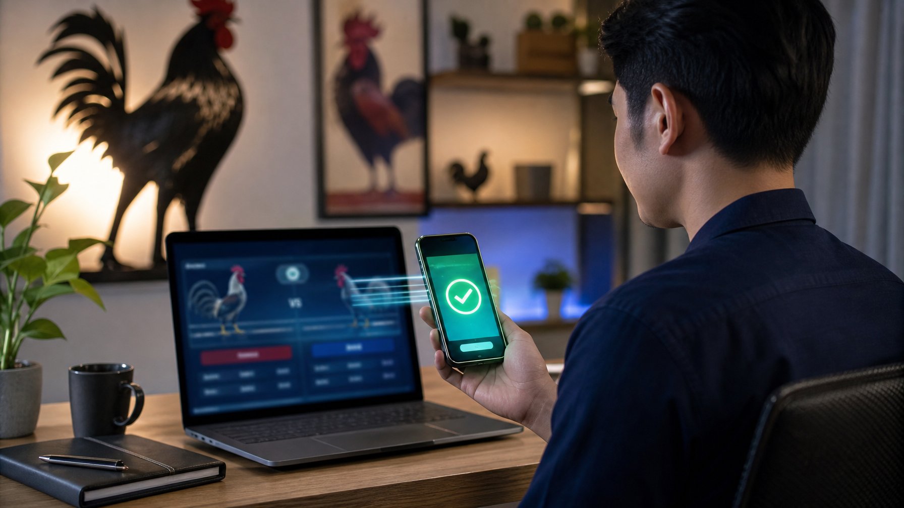 Pengguna memindai pembayaran digital dengan ponsel di samping laptop yang menampilkan antarmuka kompetisi ayam jago abstrak.