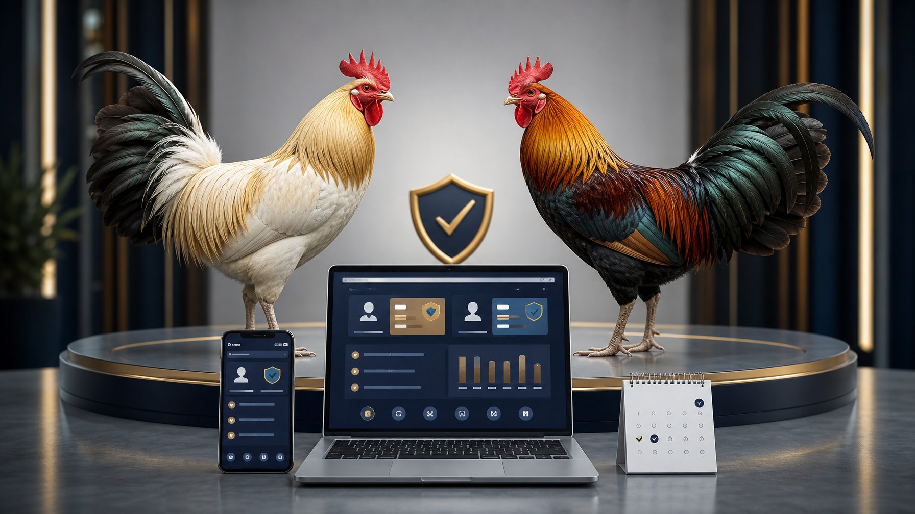 Dua ayam jantan berdiri tenang di dekat laptop dan ponsel yang menampilkan antarmuka digital abstrak.