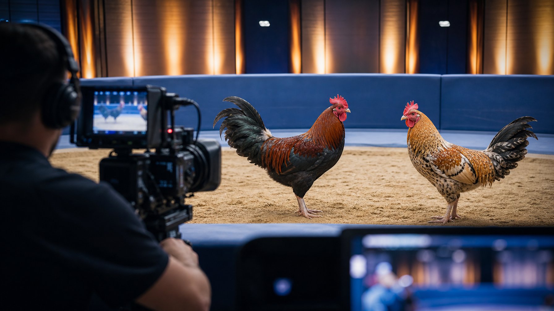 Dua ayam jantan berada di arena tradisional dengan kamera siaran profesional di latar depan.
