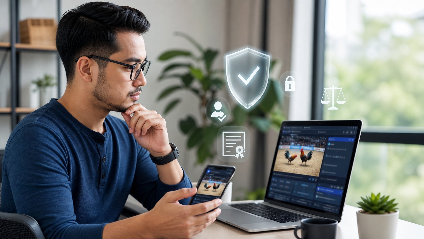 Orang dewasa meninjau antarmuka digital bertema keamanan dan legalitas di laptop dan ponsel.
