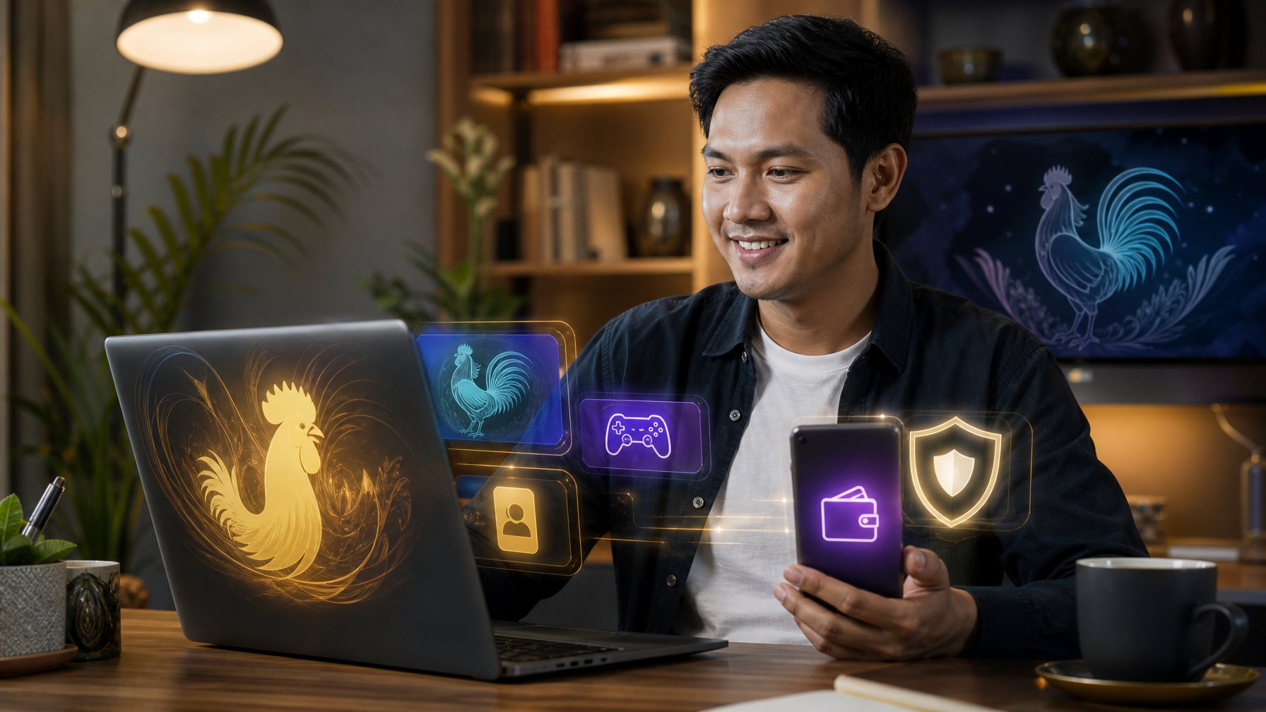 Pria Indonesia menggunakan laptop dan ponsel di meja kerja modern dengan simbol digital dan siluet ayam bergaya dekoratif.