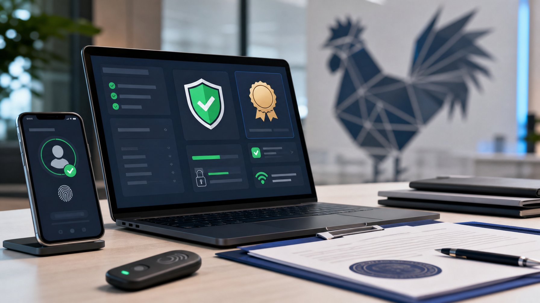 Meja kerja modern dengan laptop dan ponsel yang menampilkan simbol verifikasi keamanan serta dokumen legalitas.