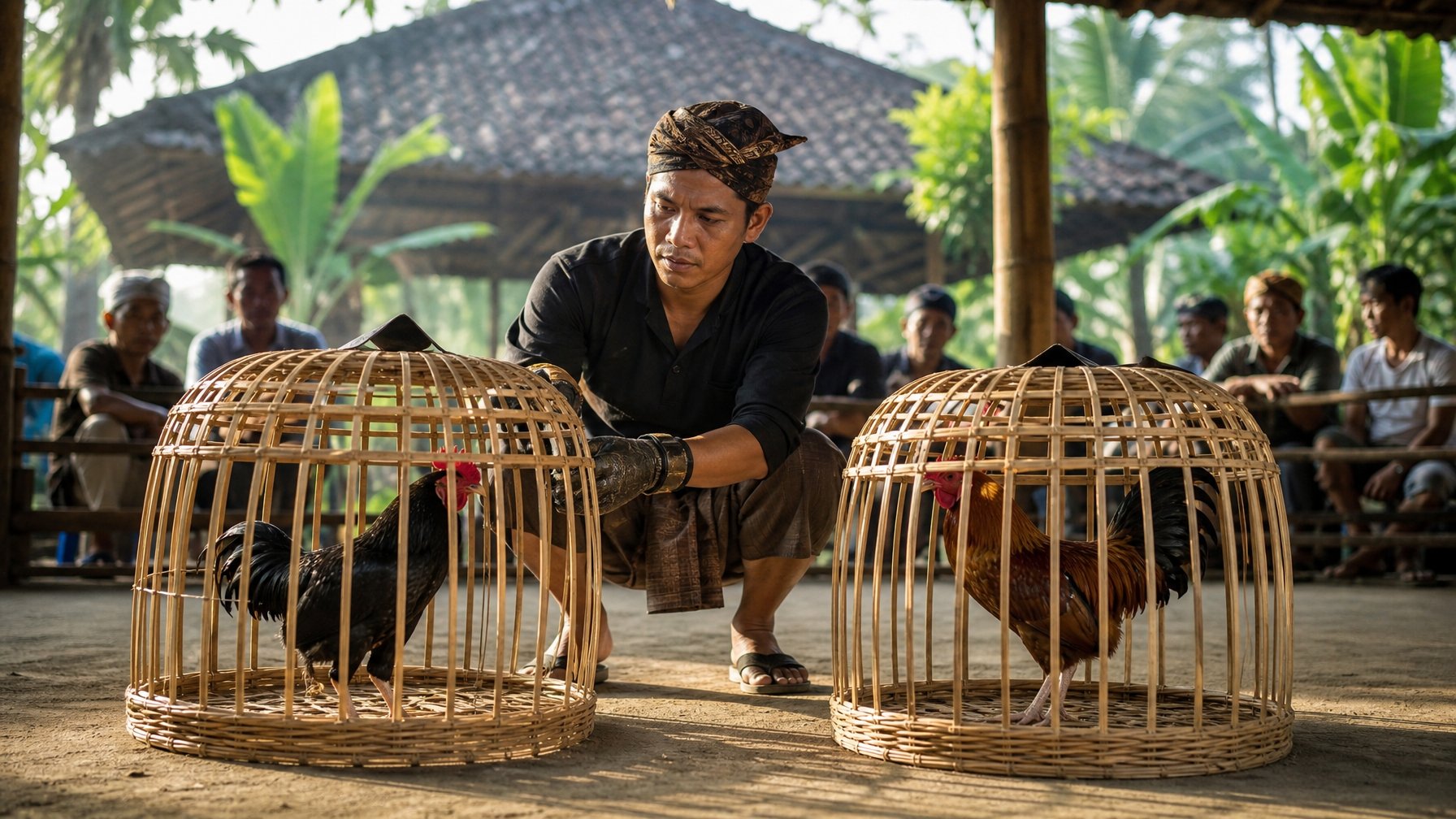 Dua ayam jantan sehat berada di kandang bambu terpisah di arena tradisional, dengan seorang pawang dan suasana pedesaan tropis di latar belakang.