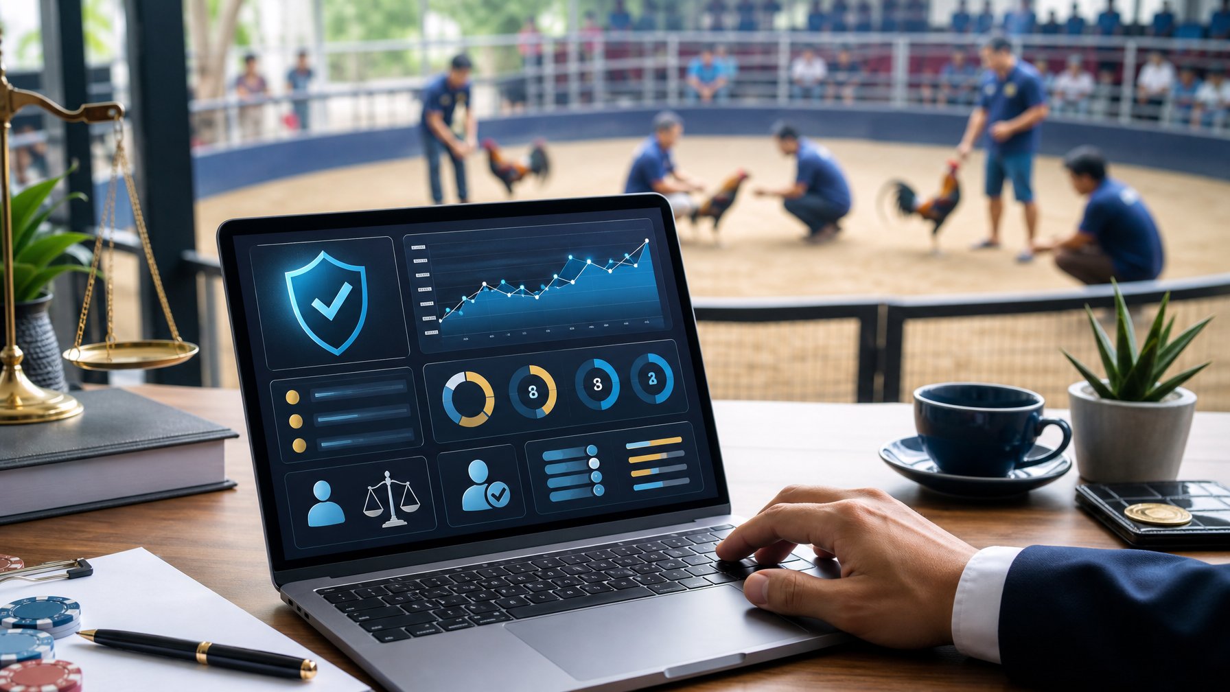 Laptop dengan grafik analitik dan simbol keamanan di ruang kerja modern, dengan arena ayam aduan yang tampak samar di latar belakang.