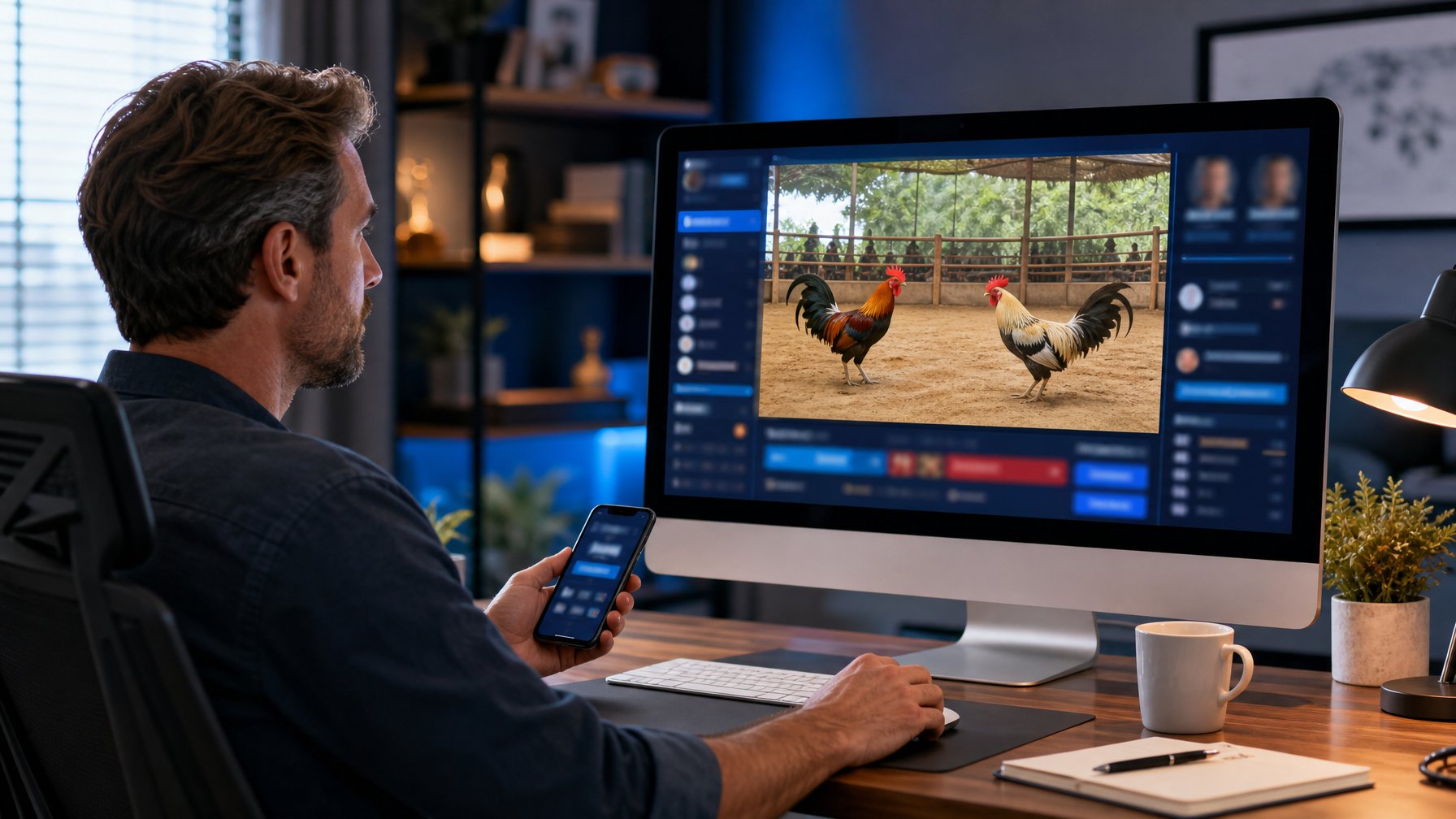Pengguna melihat antarmuka digital dengan gambar dua ayam jantan yang dipisahkan di arena bersih.